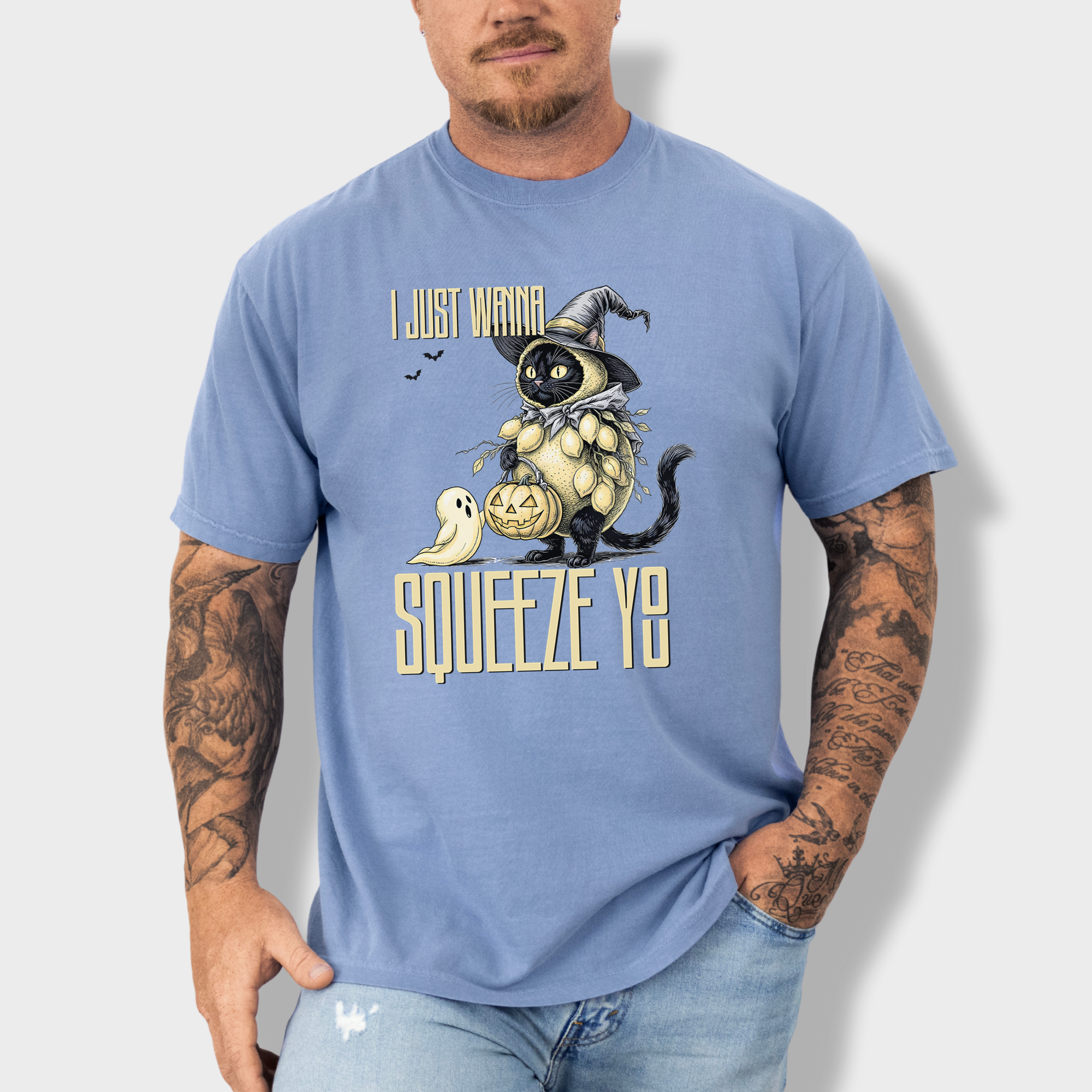 Line Art I Just Wanna Squeeze You Lemon Trick-or-Treater Cat Graphic Comfort Colors T-Shirt in Washed Denim-T-Shirt-Washed Denim-Fetch N Found
