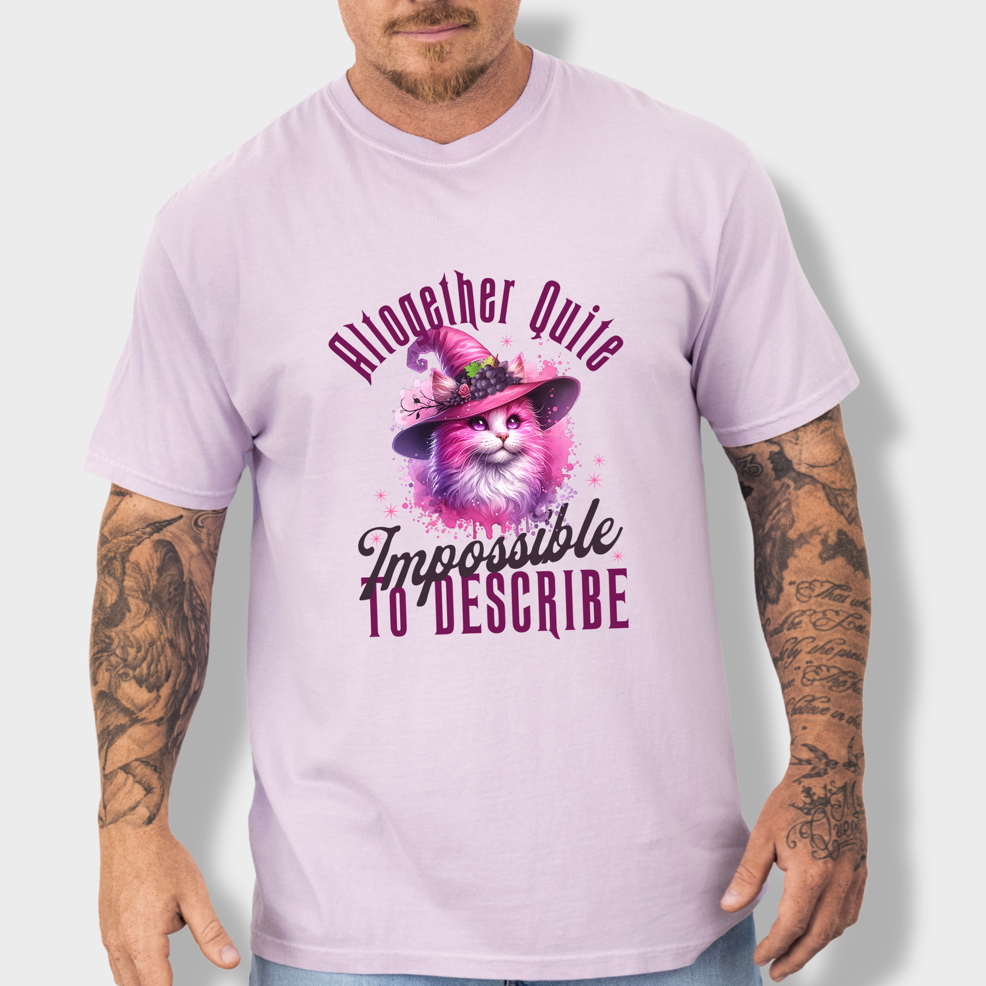 Whimsical watercolor-style pink cat wearing a witch’s hat, featuring the phrase 'altogether quite impossible to describe,' inspired by Wicked.