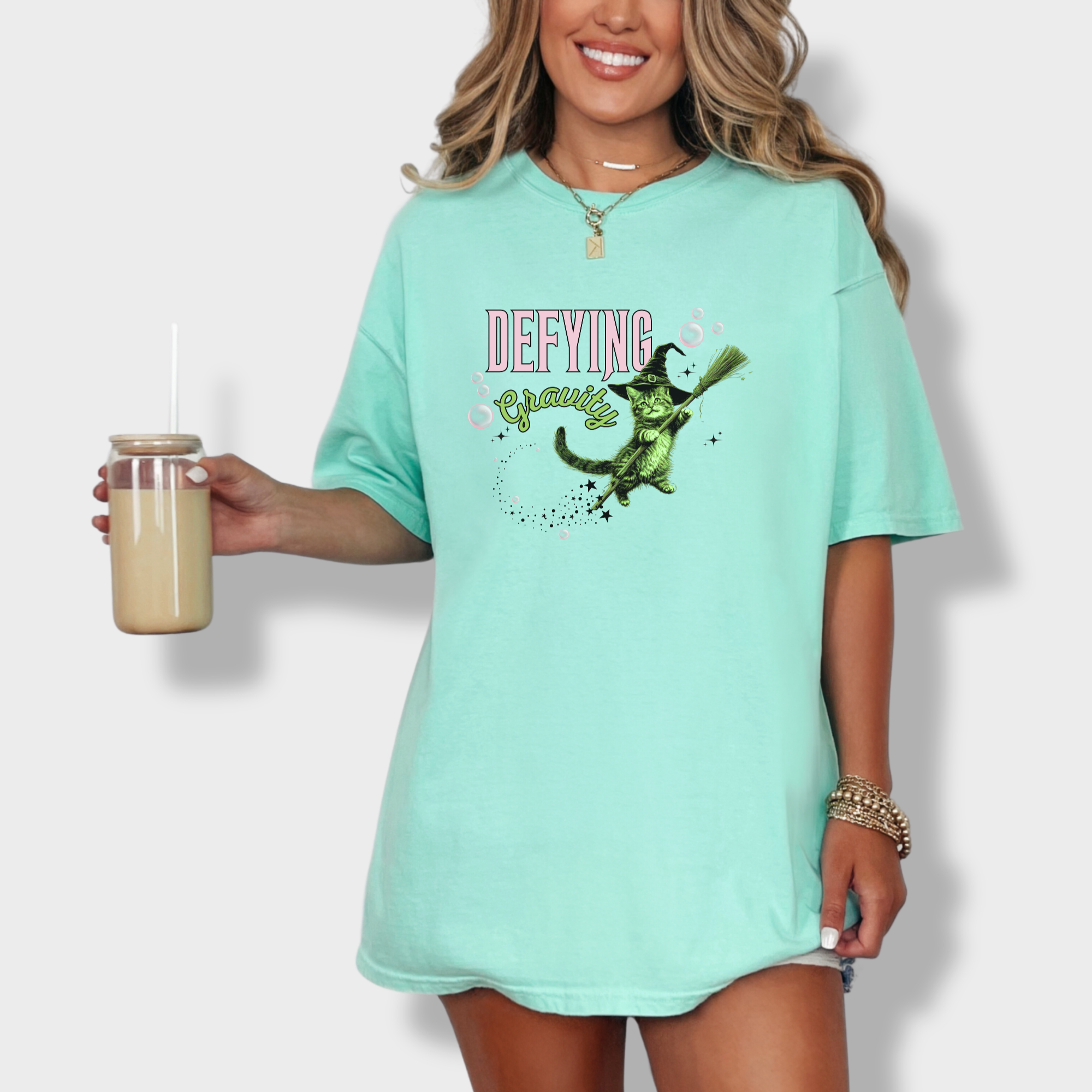 Retro Cute Cat Graphic Defying Gravity Wicked-Inspired T-Shirt in Island Reef