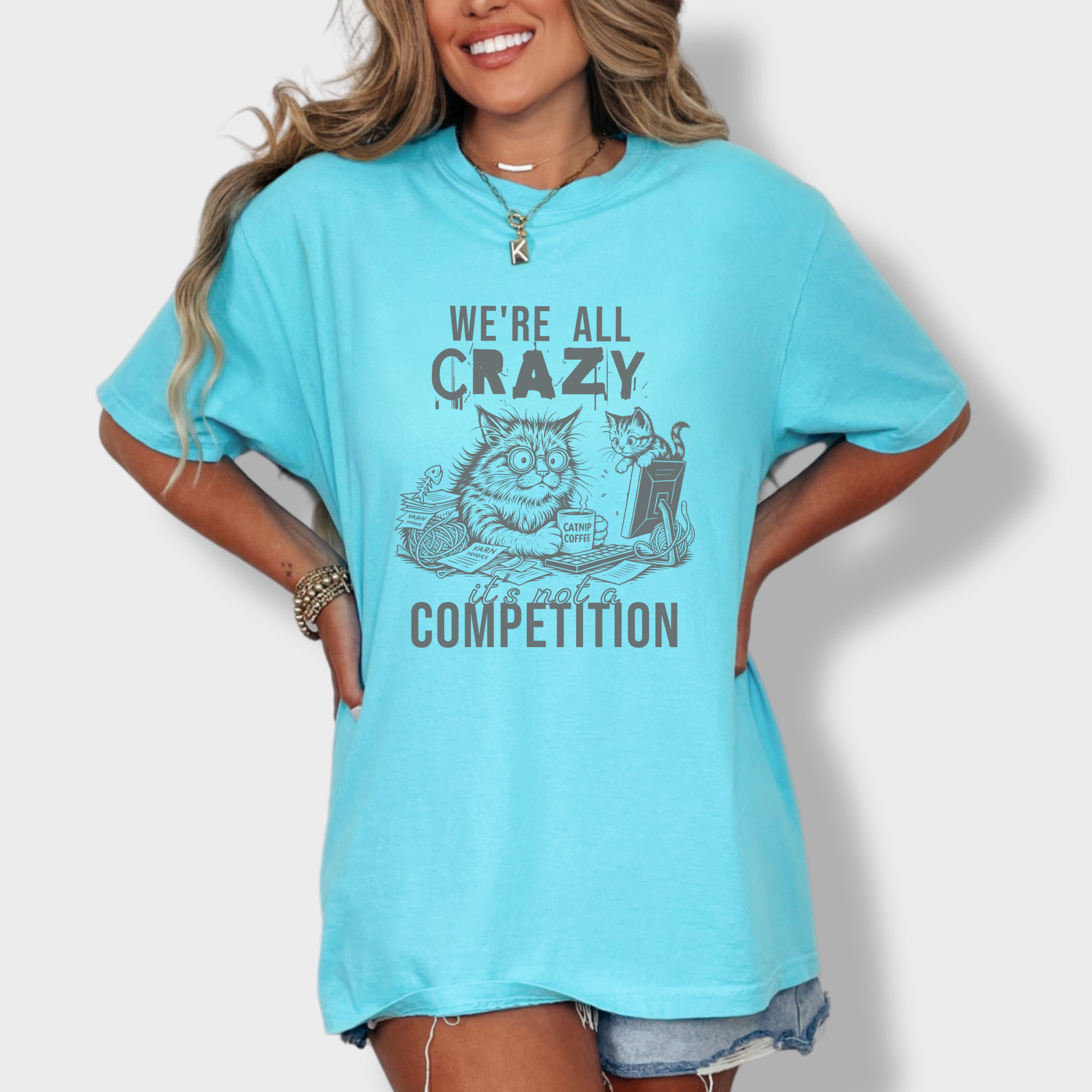 Line Art Were All Crazy Its Not a Competition Cat Graphic Comfort Colors T-Shirt in Lagoon Blue-T-Shirt-Fetch N Found