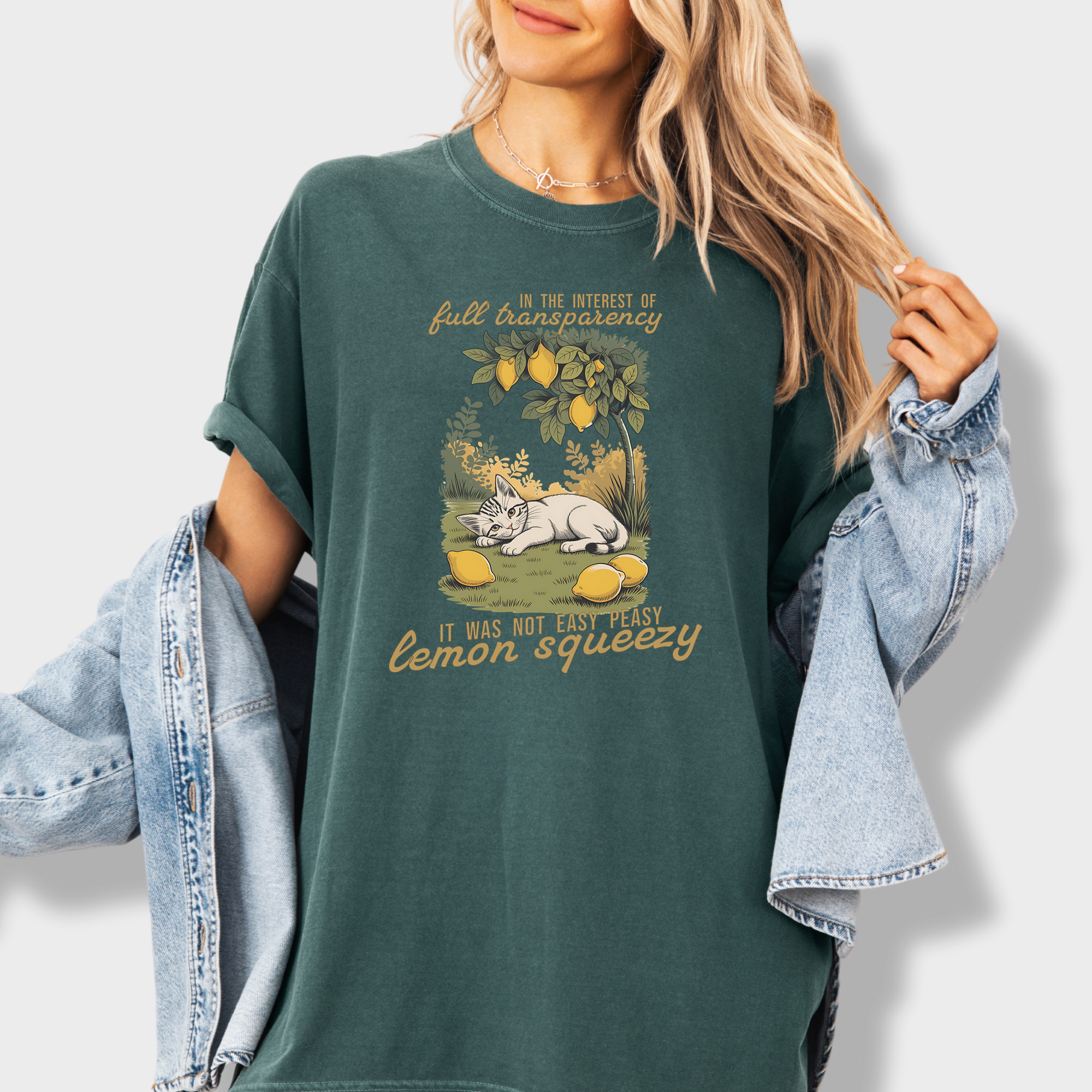 Retro Not So Easy Lemon Squeezy Cat Cat Graphic Comfort Colors T-Shirt in Blue Spruce-T-Shirt-Blue Spruce-Fetch N Found