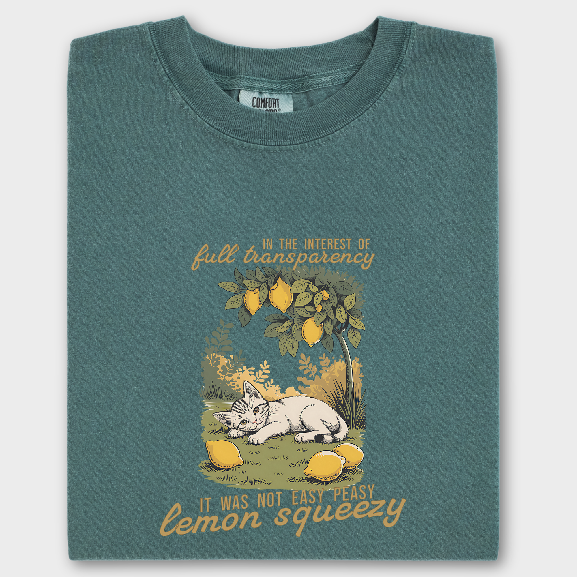 Retro Not So Easy Lemon Squeezy Cat Cat Graphic Comfort Colors T-Shirt in Blue Spruce-T-Shirt-Blue Spruce-Fetch N Found