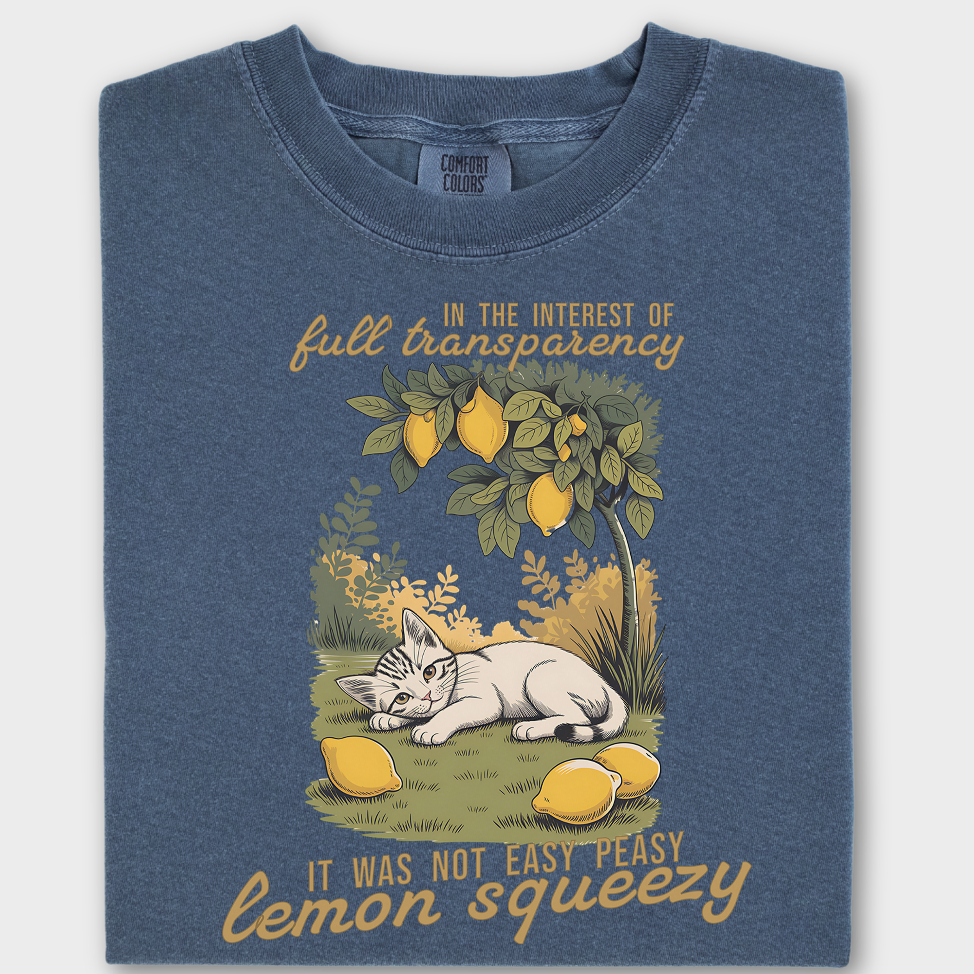 Retro Not So Easy Lemon Squeezy Cat Cat Graphic Comfort Colors T-Shirt in Denim-T-Shirt-Denim-Fetch N Found