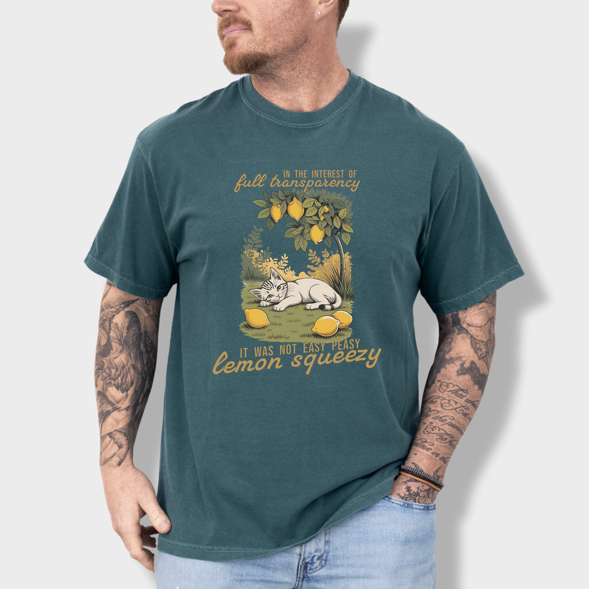Retro Not So Easy Lemon Squeezy Cat Cat Graphic Comfort Colors T-Shirt in Blue Spruce-T-Shirt-Blue Spruce-Fetch N Found