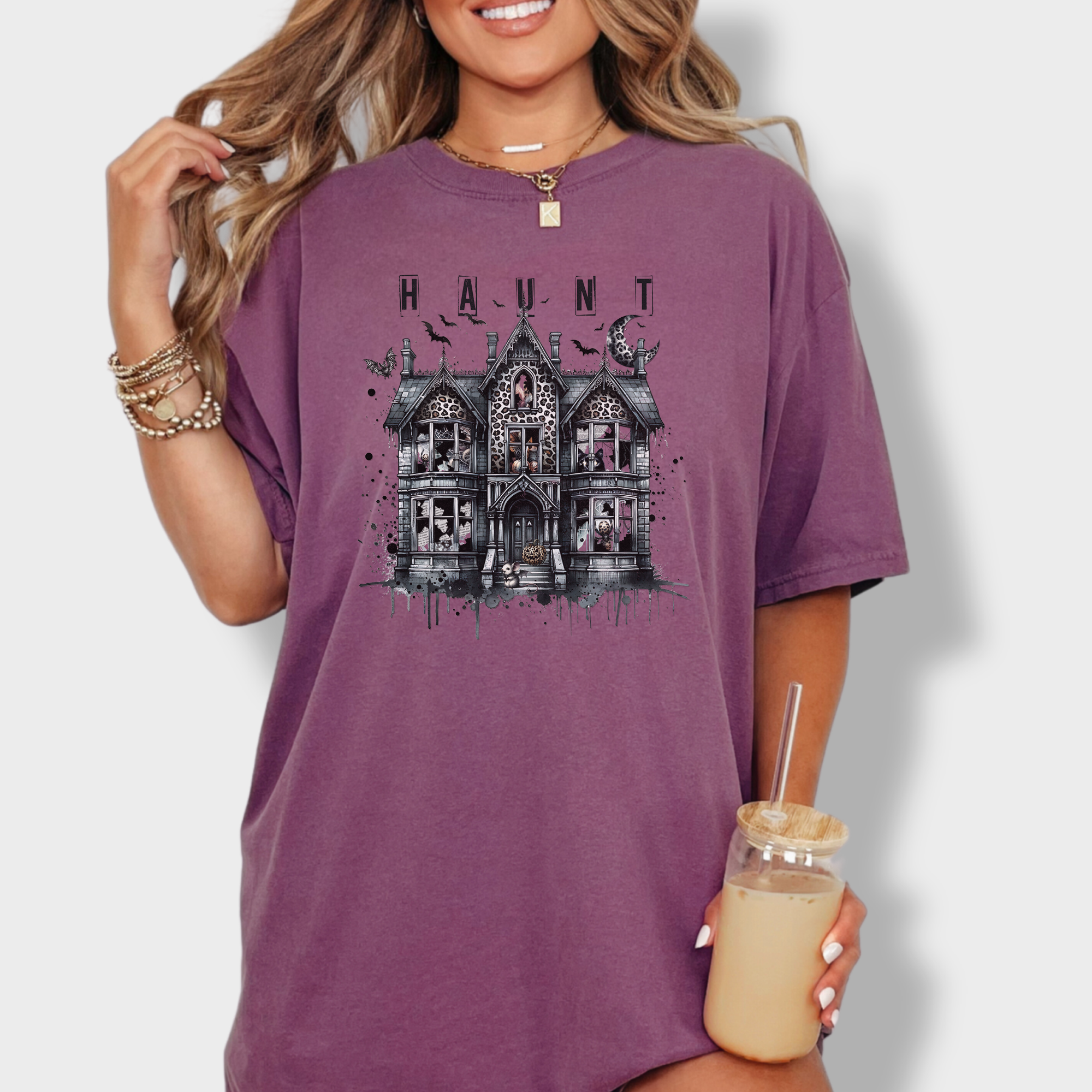 Retro HAUNT Leopard Print House Collage Cat Graphic Comfort Colors T-Shirt in Berry