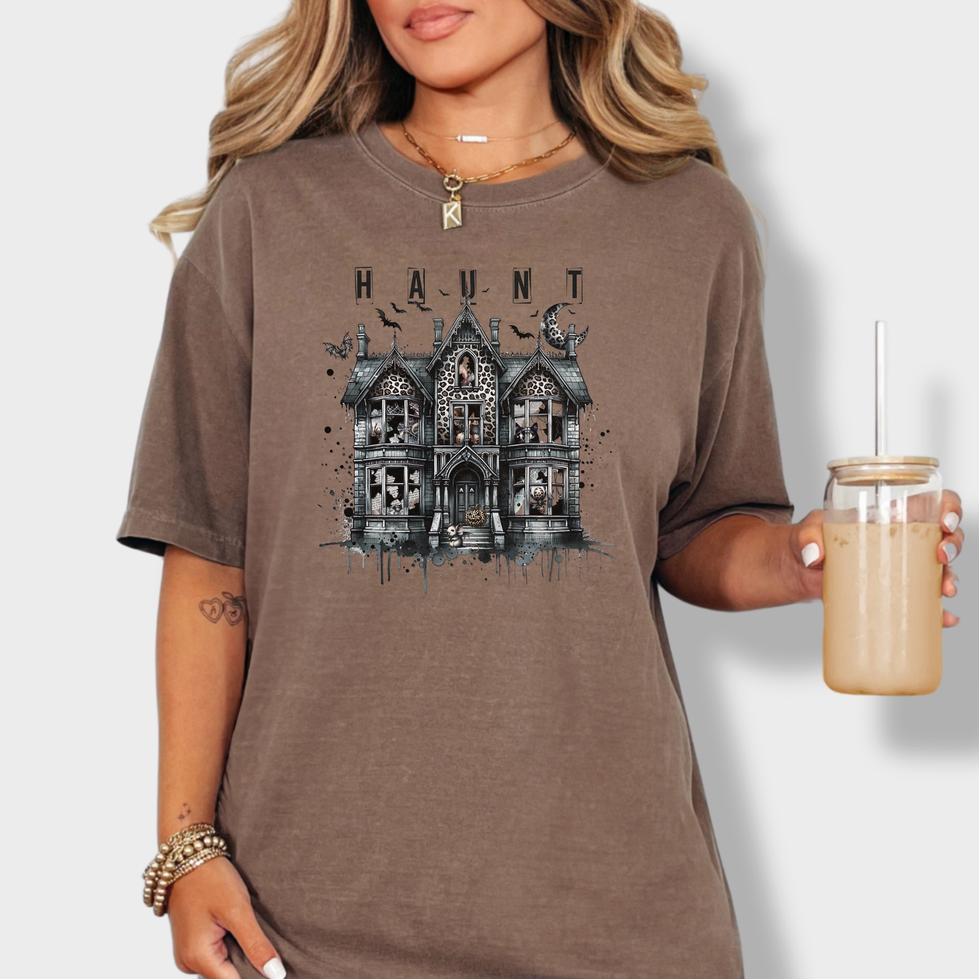 Retro HAUNT Leopard Print House Collage Cat Graphic Comfort Colors T-Shirt in Espresso