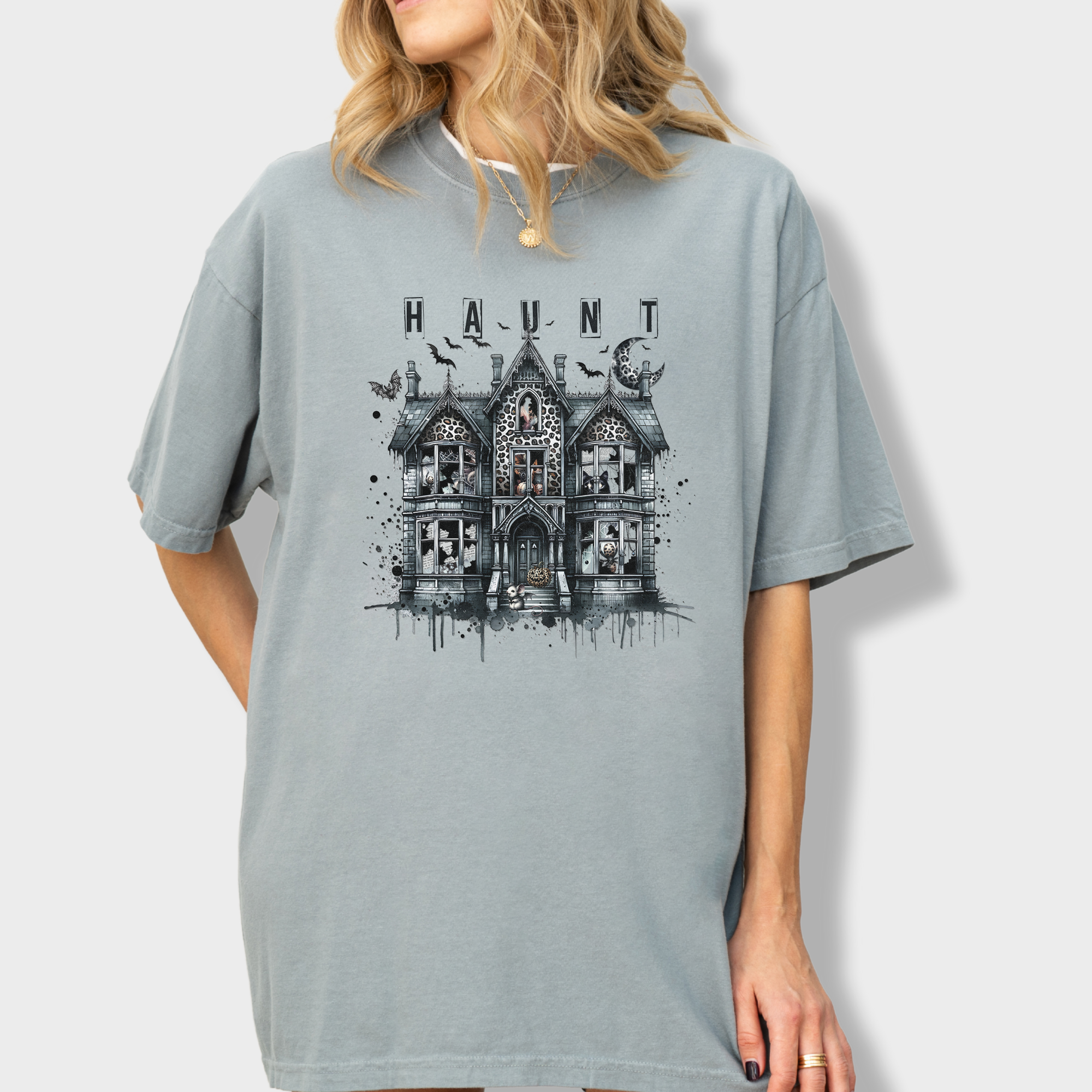 Retro HAUNT Leopard Print House Collage Cat Graphic Comfort Colors T-Shirt in Granite