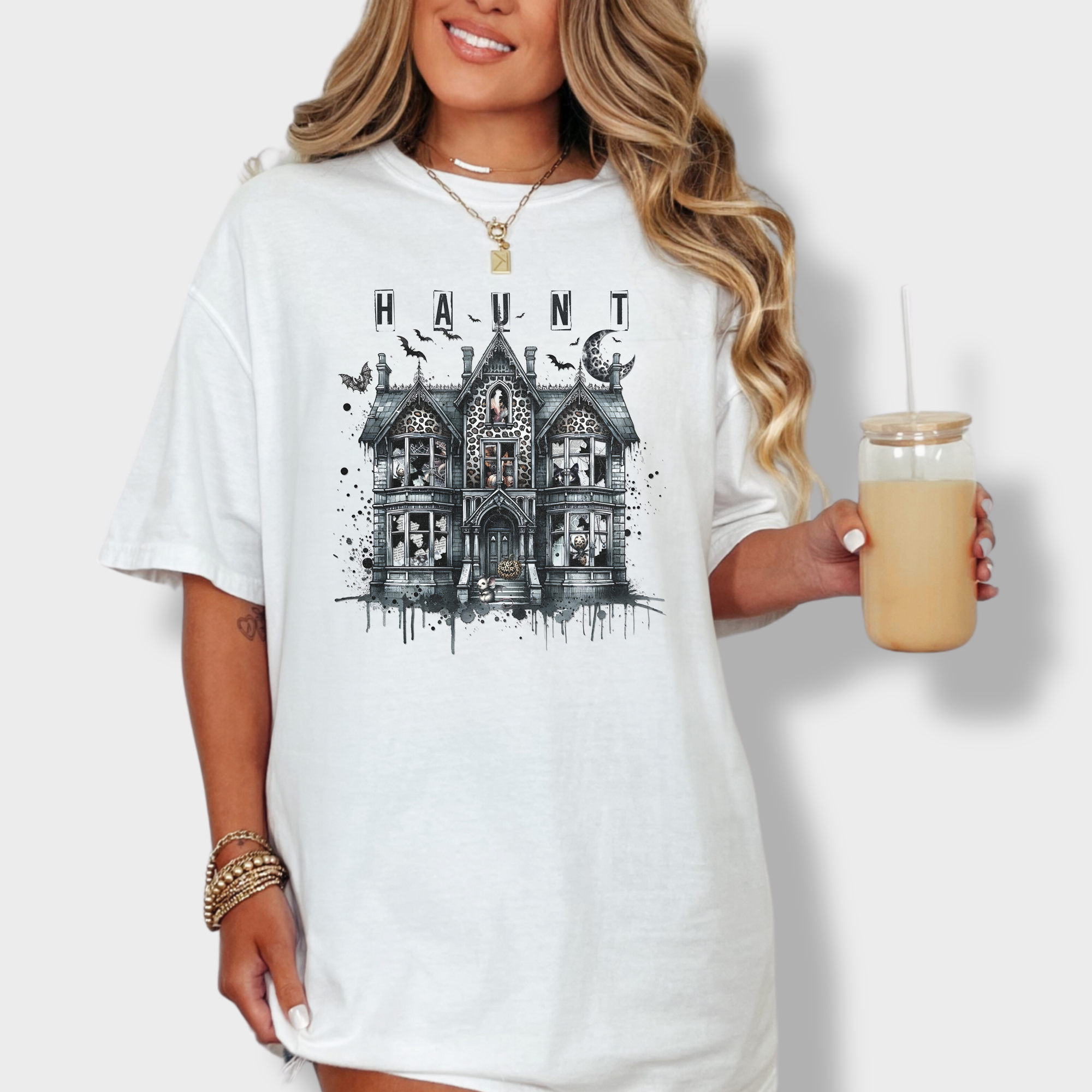 Retro HAUNT Leopard Print House Collage Cat Graphic Comfort Colors T-Shirt in White