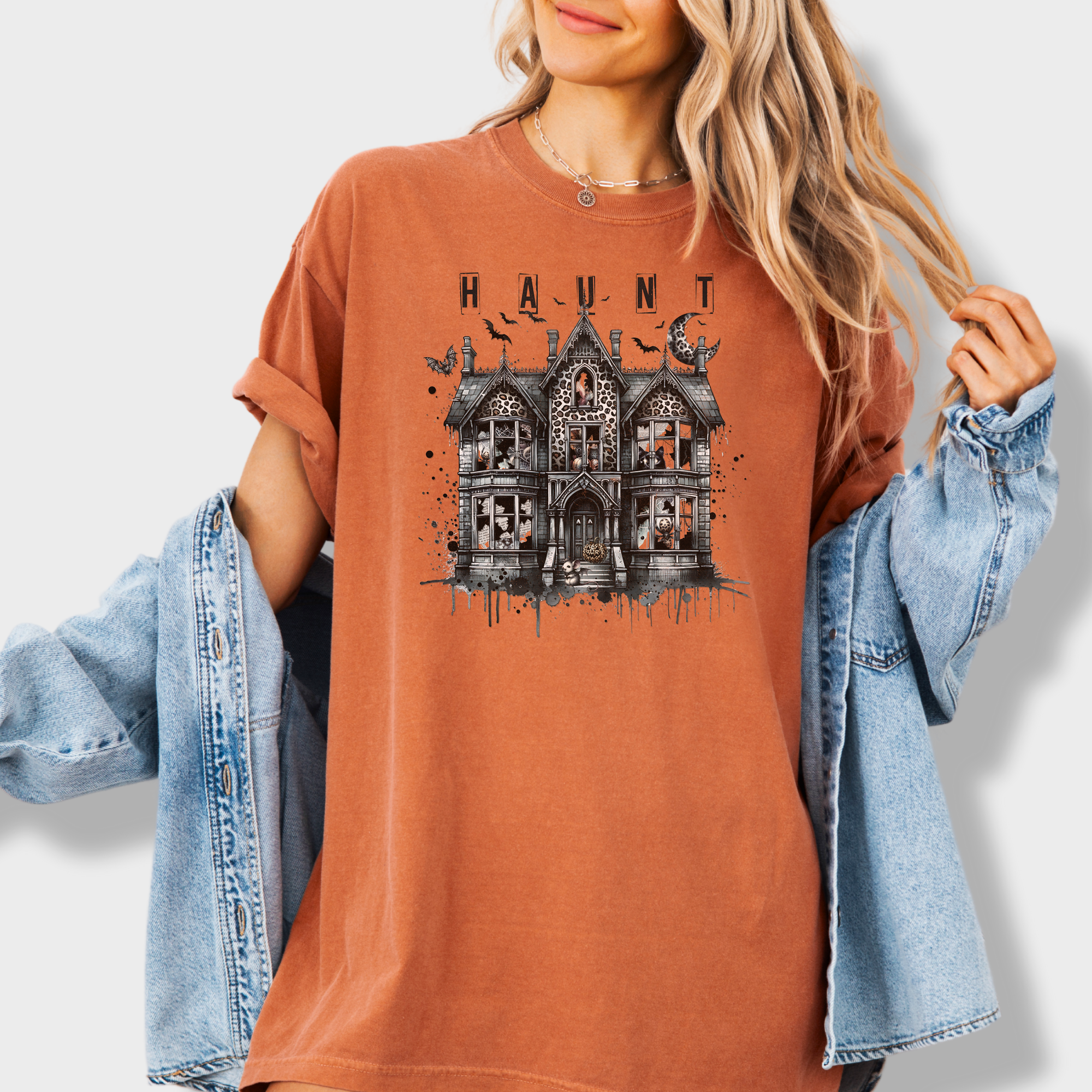 Retro HAUNT Leopard Print House Collage Cat Graphic Comfort Colors T-Shirt in Yam