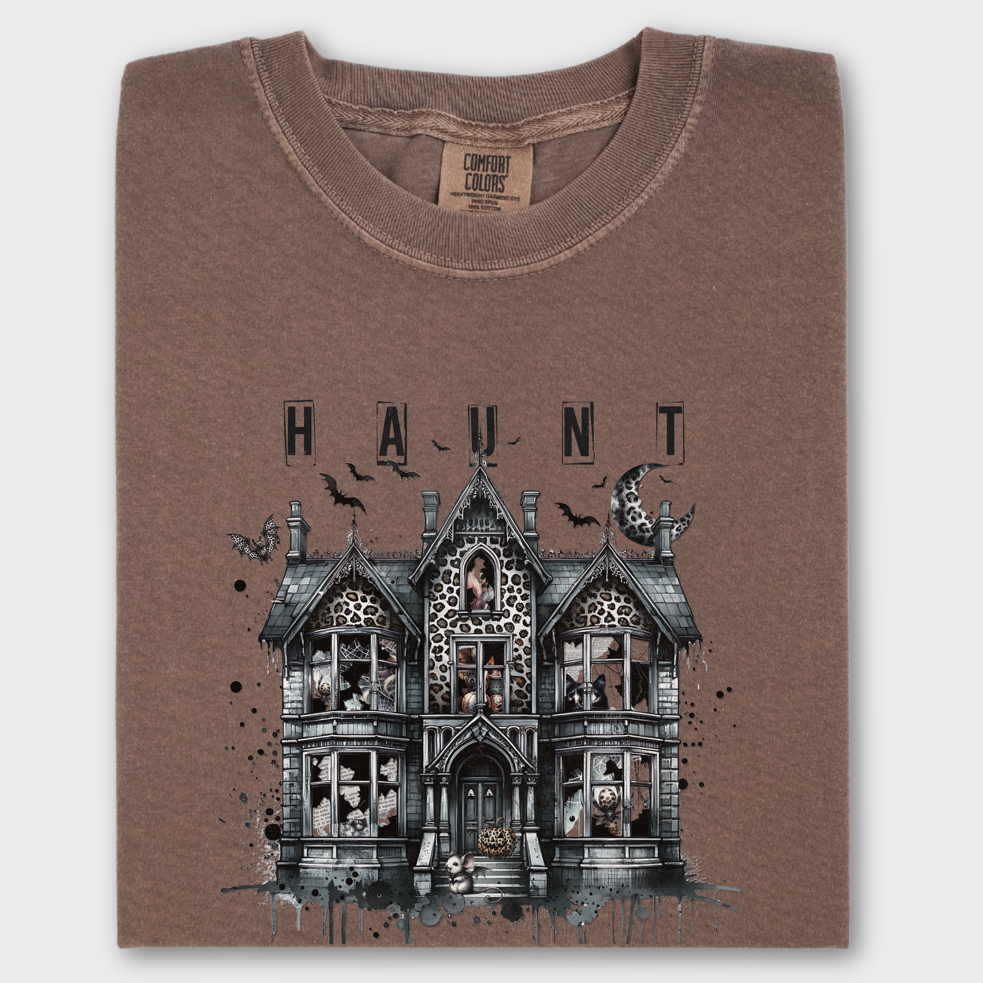 Retro HAUNT Leopard Print House Collage Cat Graphic Comfort Colors T-Shirt in Espresso