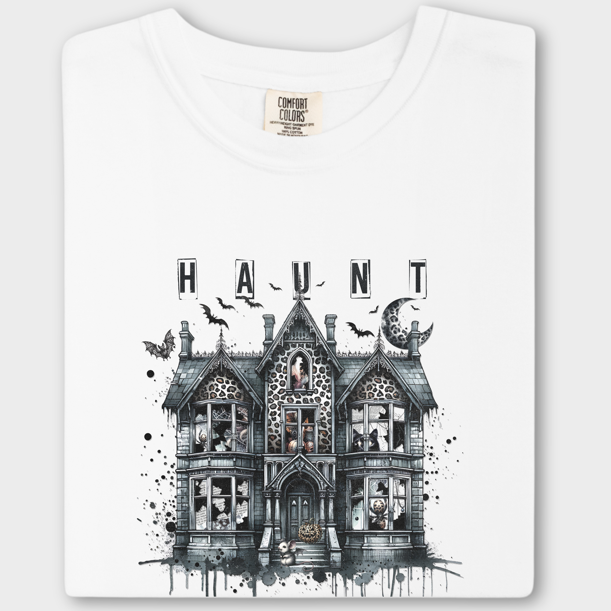Retro HAUNT Leopard Print House Collage Cat Graphic Comfort Colors T-Shirt in White