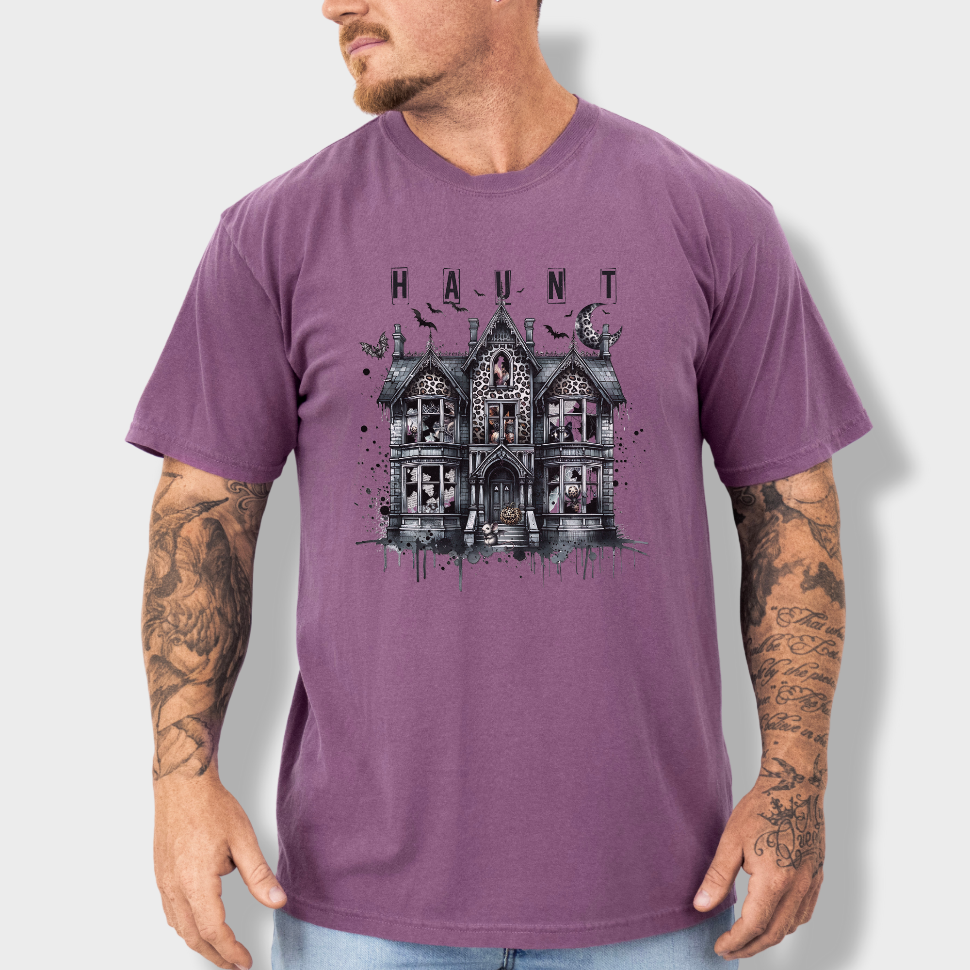 Retro HAUNT Leopard Print House Collage Cat Graphic Comfort Colors T-Shirt in Berry