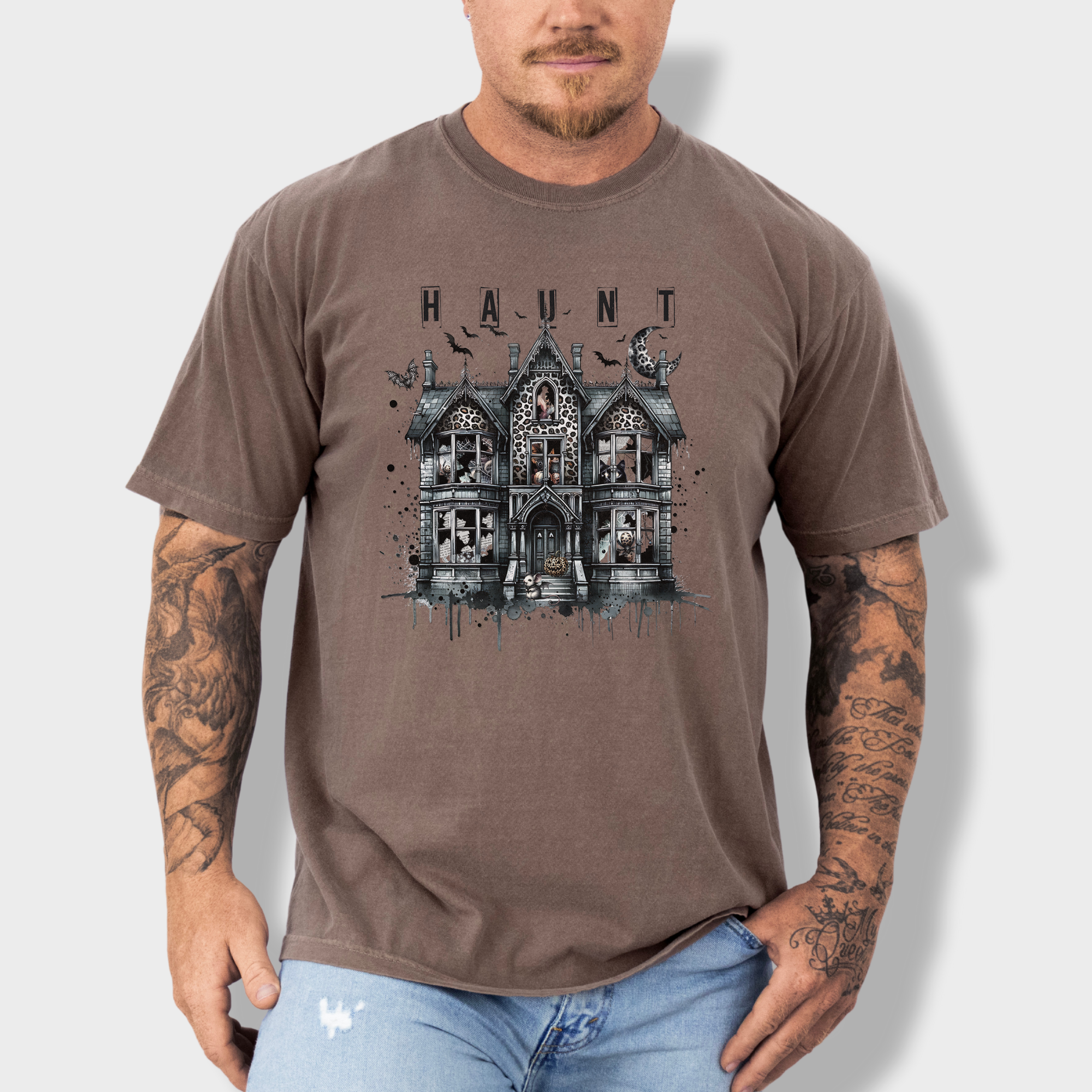 Retro HAUNT Leopard Print House Collage Cat Graphic Comfort Colors T-Shirt in Espresso