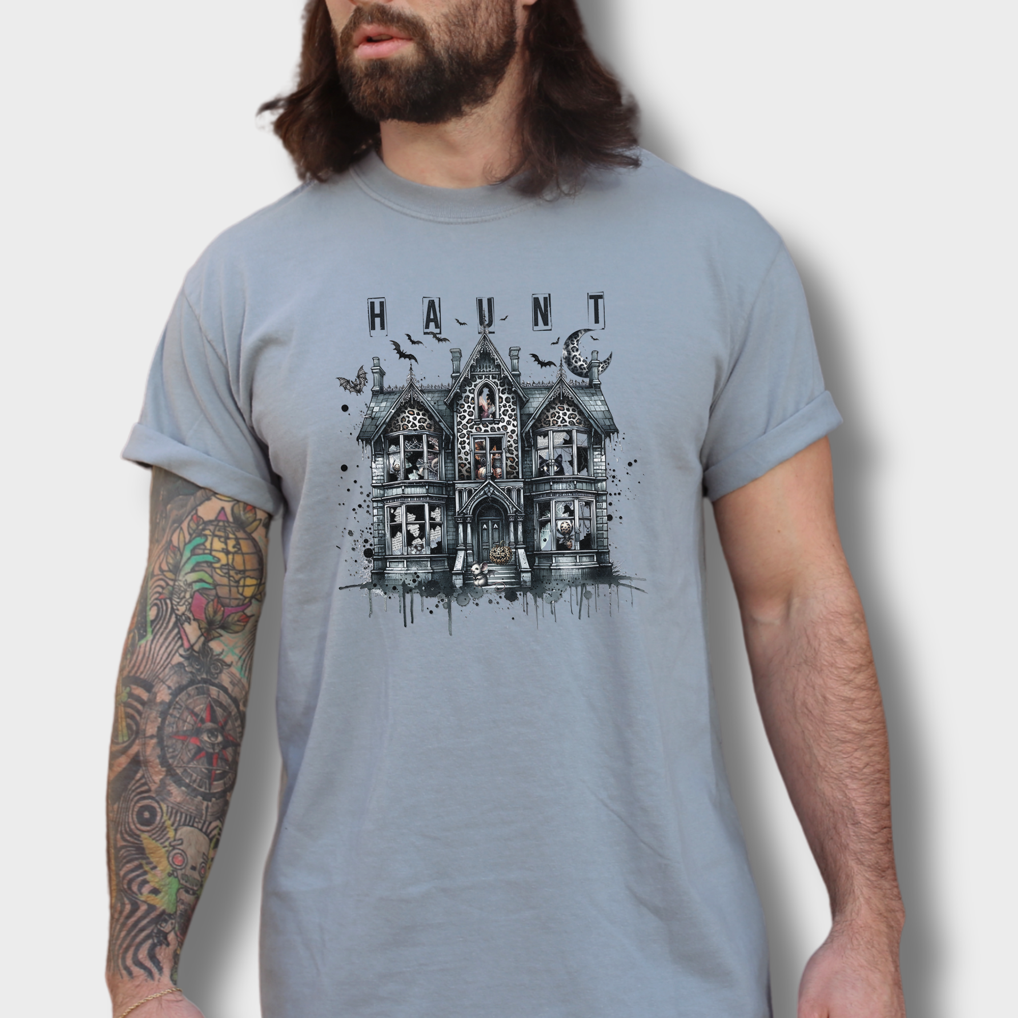 Retro HAUNT Leopard Print House Collage Cat Graphic Comfort Colors T-Shirt in Granite