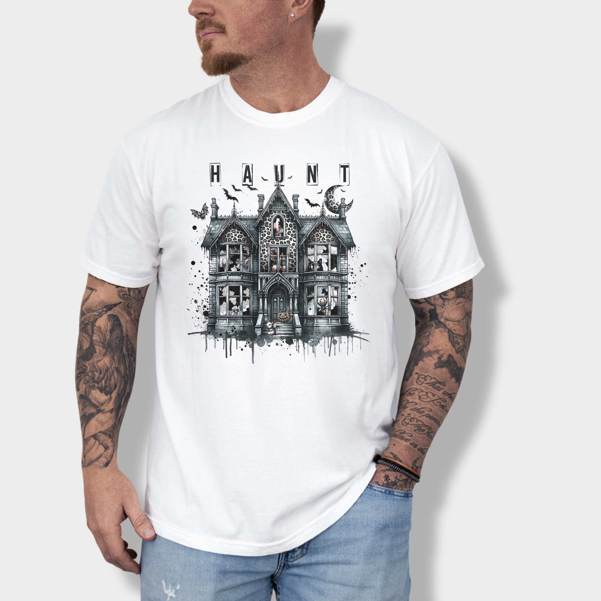 Retro HAUNT Leopard Print House Collage Cat Graphic Comfort Colors T-Shirt in White