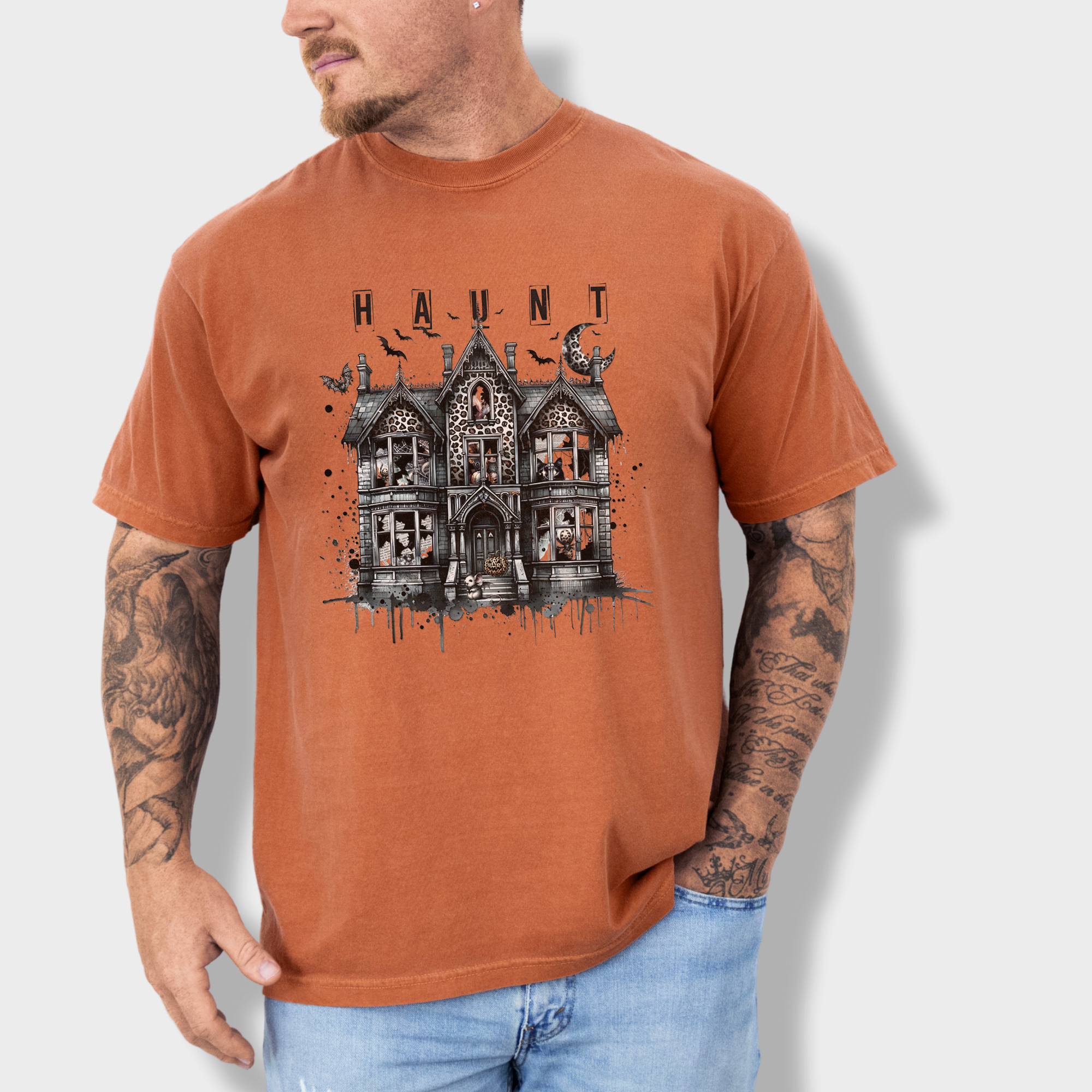 Retro HAUNT Leopard Print House Collage Cat Graphic Comfort Colors T-Shirt in Yam