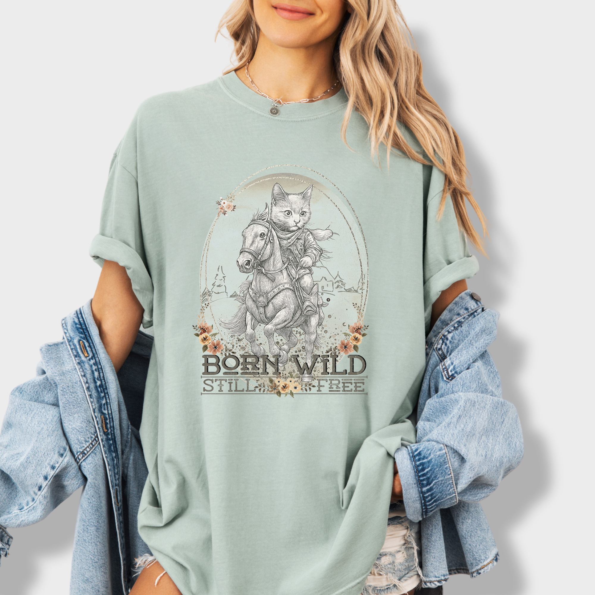 Western Born Wild Still Free Gritty Kitty Cowboy Cat Line Art Comfort Colors T-Shirt in Bay-T-Shirt-Bay-Fetch N Found
