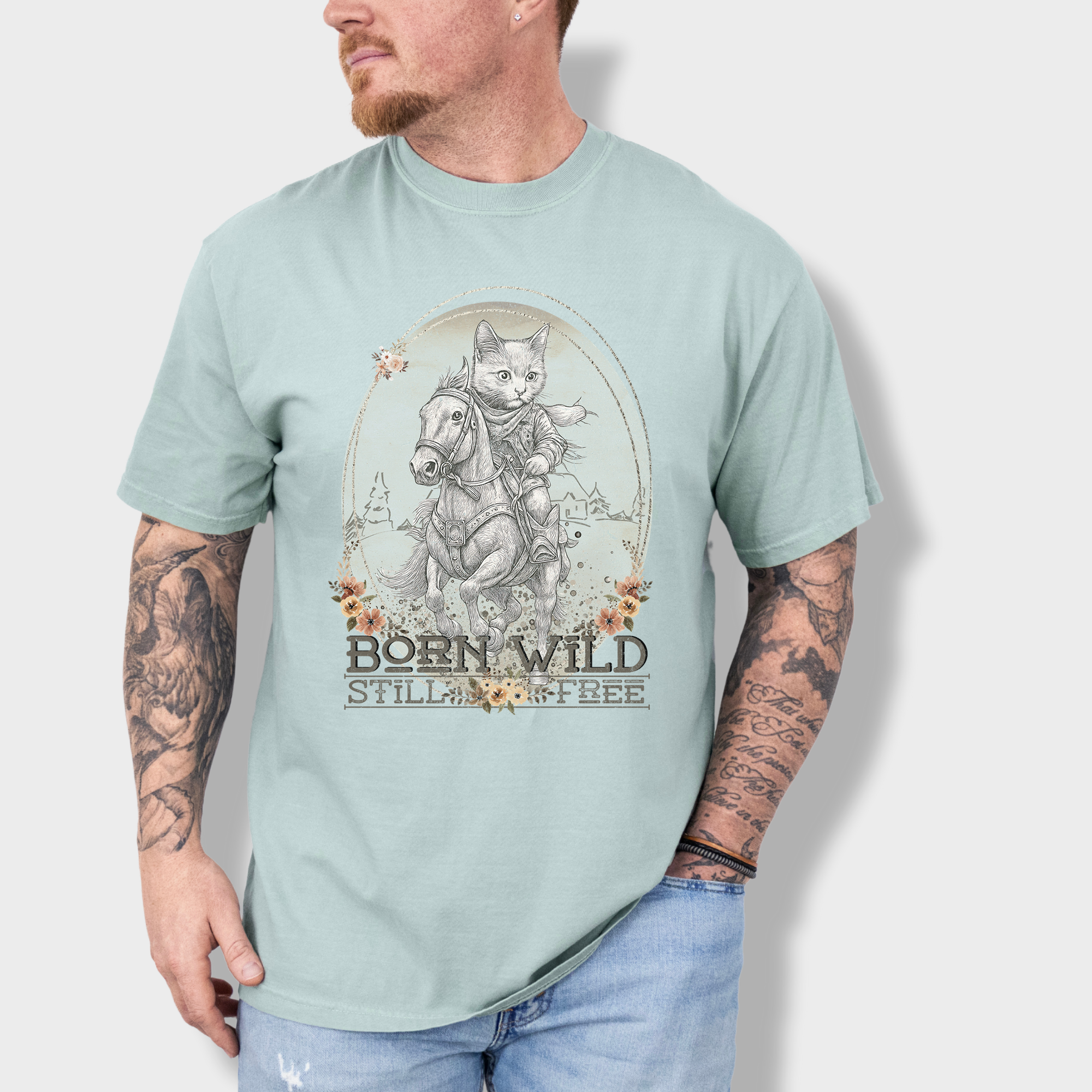 Western Born Wild Still Free Gritty Kitty Cowboy Cat Line Art Comfort Colors T-Shirt in Bay-T-Shirt-Bay-Fetch N Found
