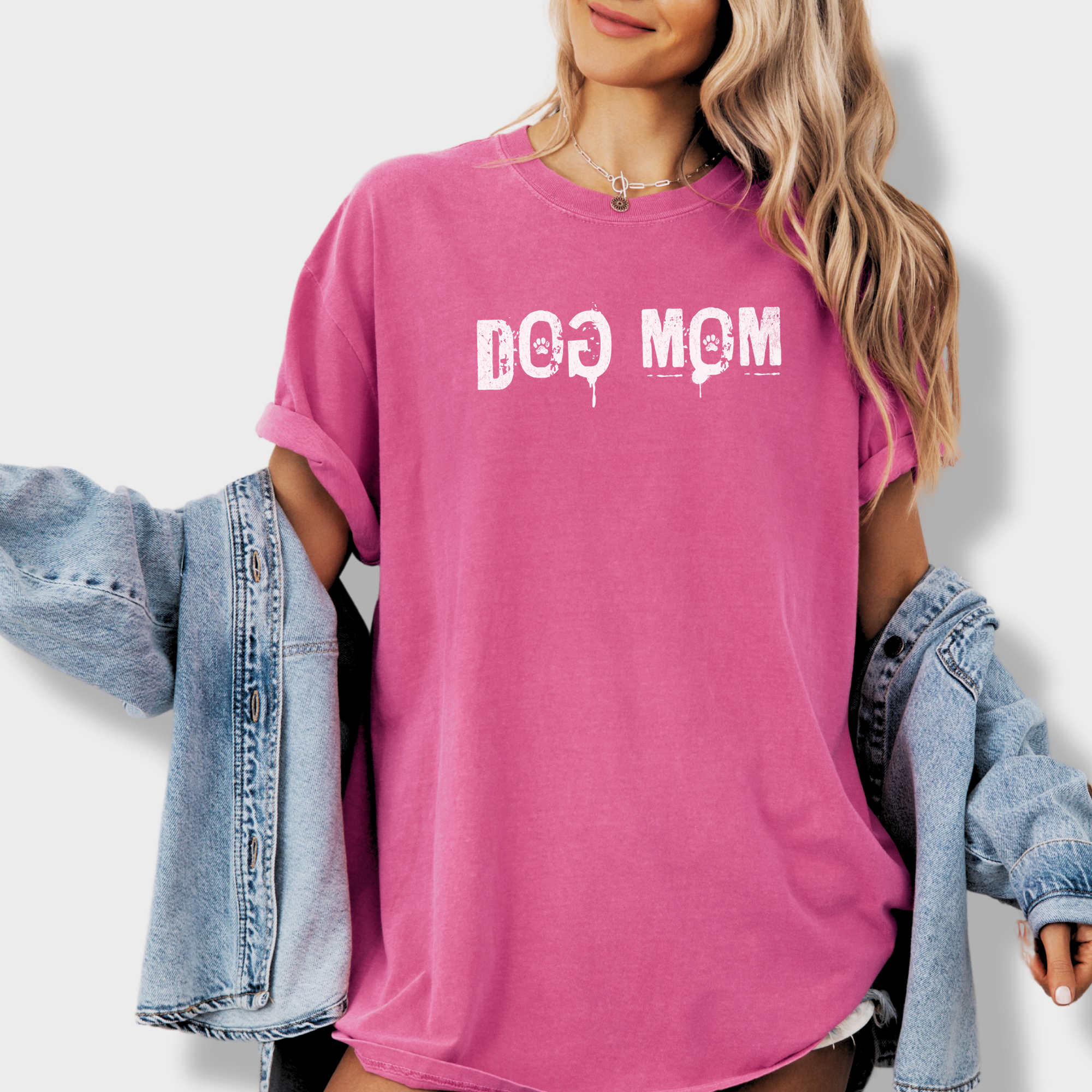 Minimalist DOG MOM Messy Stamp with Paint Splatter Dog Text Comfort Colors T-Shirt in Crunchberry-T-Shirt-Crunchberry-Fetch N Found