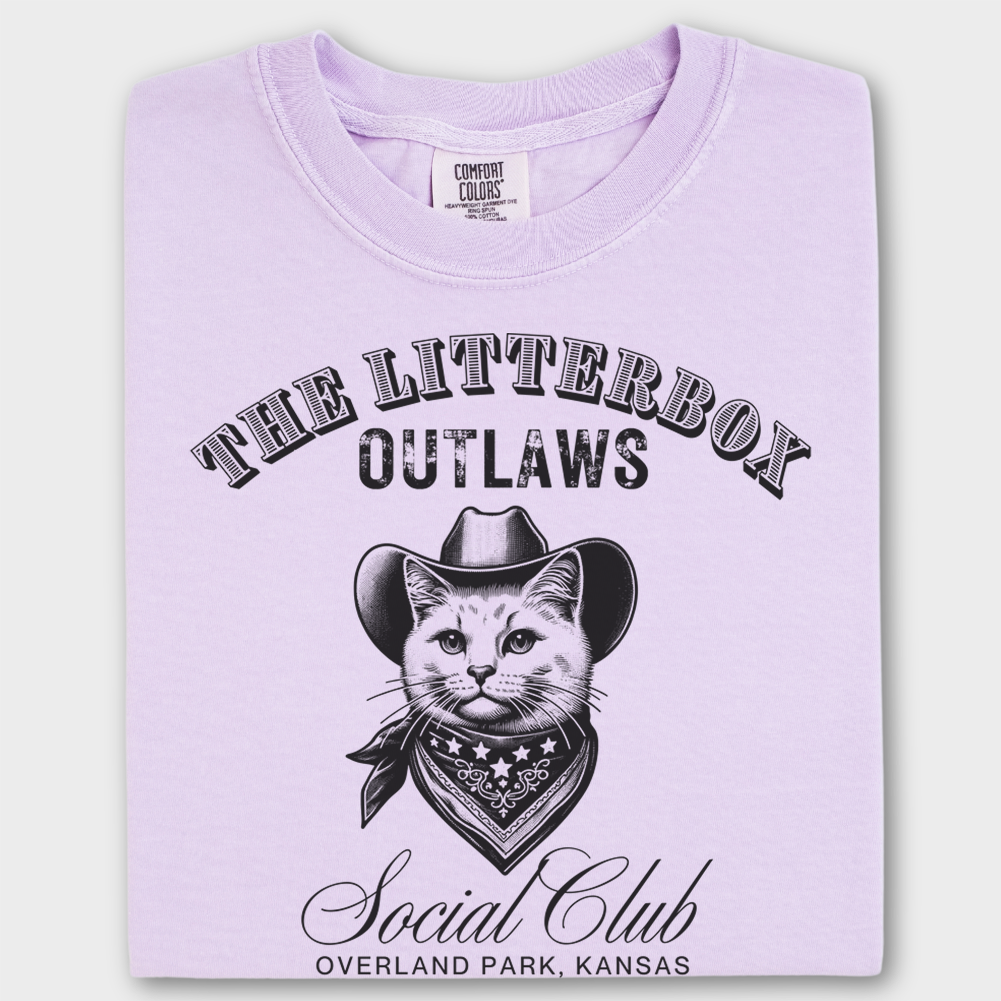 Personlizable Retro Western Cute Litterbox Social Club Cat Line Art T-Shirt in Orchid-Fetch N Found