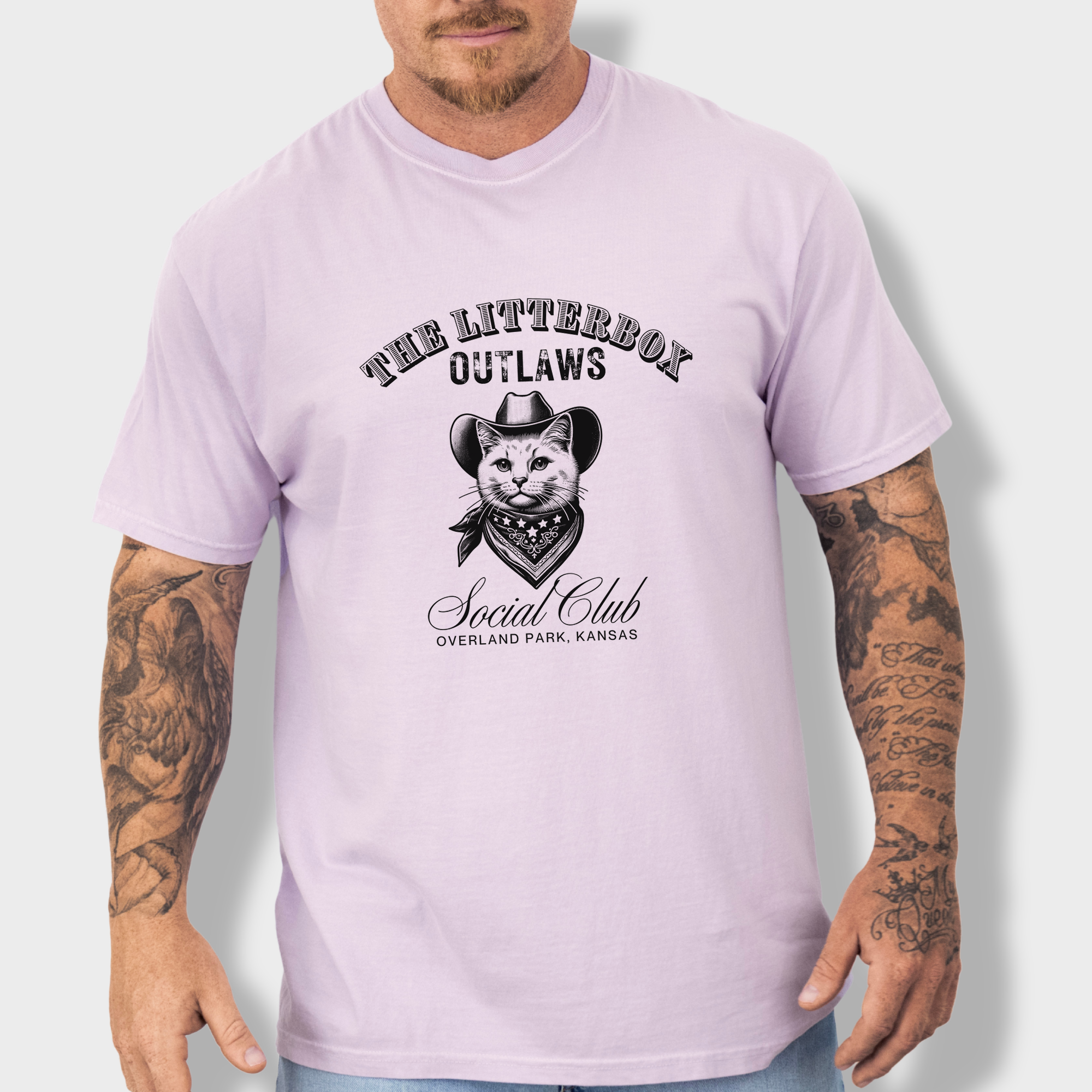 Retro cowboy cat T-shirt for cat lovers, featuring a stylish feline outlaw with a custom city and state design