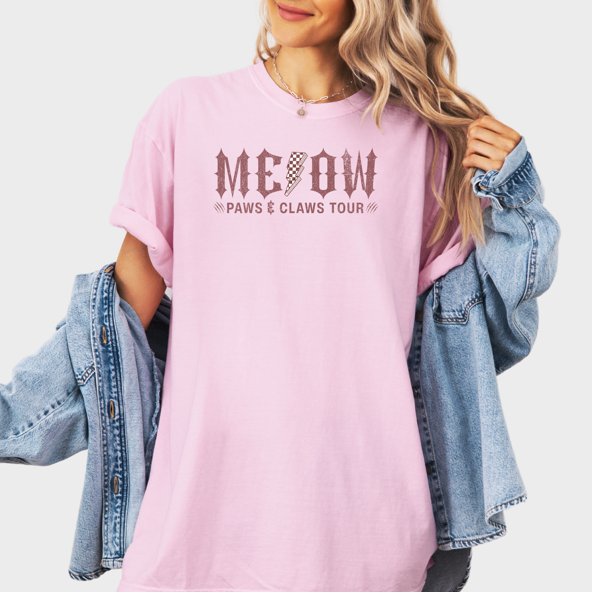 Retro MEOW Paws and Claws Tour Cat Graphic Comfort Colors T-Shirt in Blossom-T-Shirt-Blossom-Fetch N Found