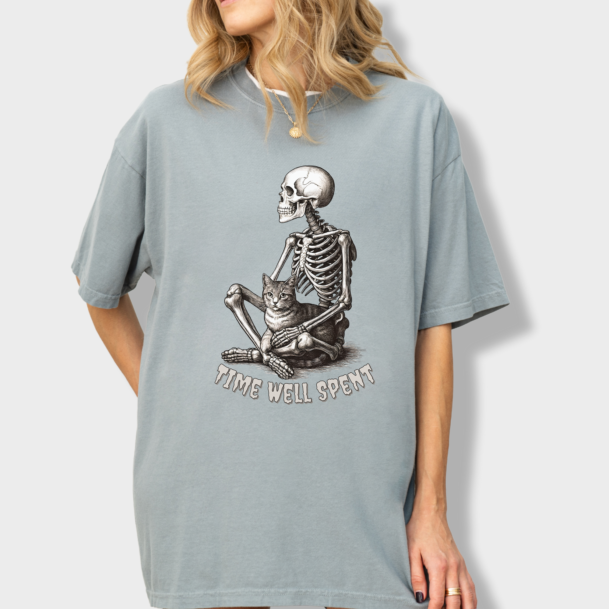 Line Art Sit Still Skeleton Petting Cat Cat Skeleton Comfort Colors T-Shirt in Granite-T-Shirt-Granite-Fetch N Found