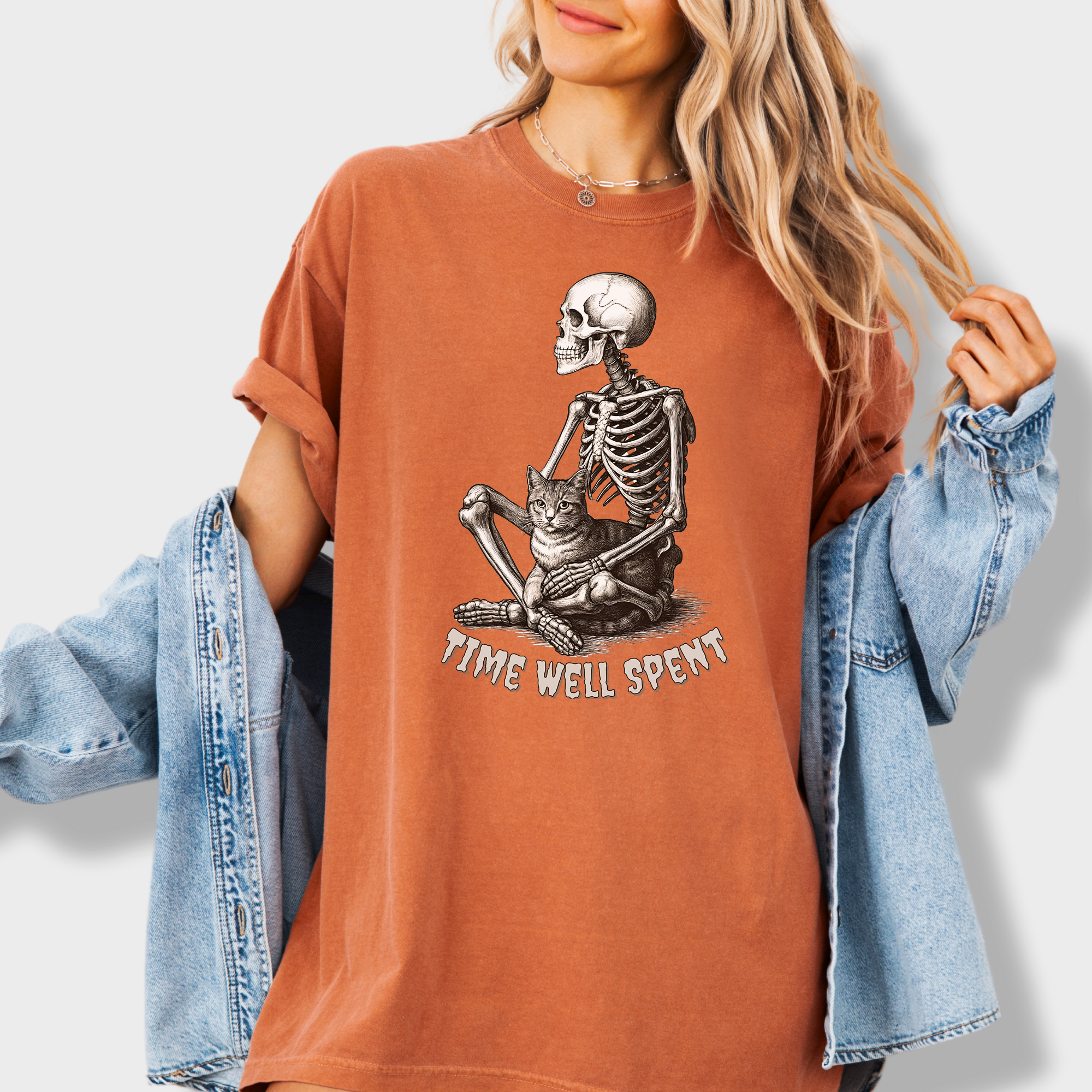 Line Art Sit Still Skeleton Petting Cat Cat Skeleton Comfort Colors T-Shirt in Yam-T-Shirt-Yam-Fetch N Found