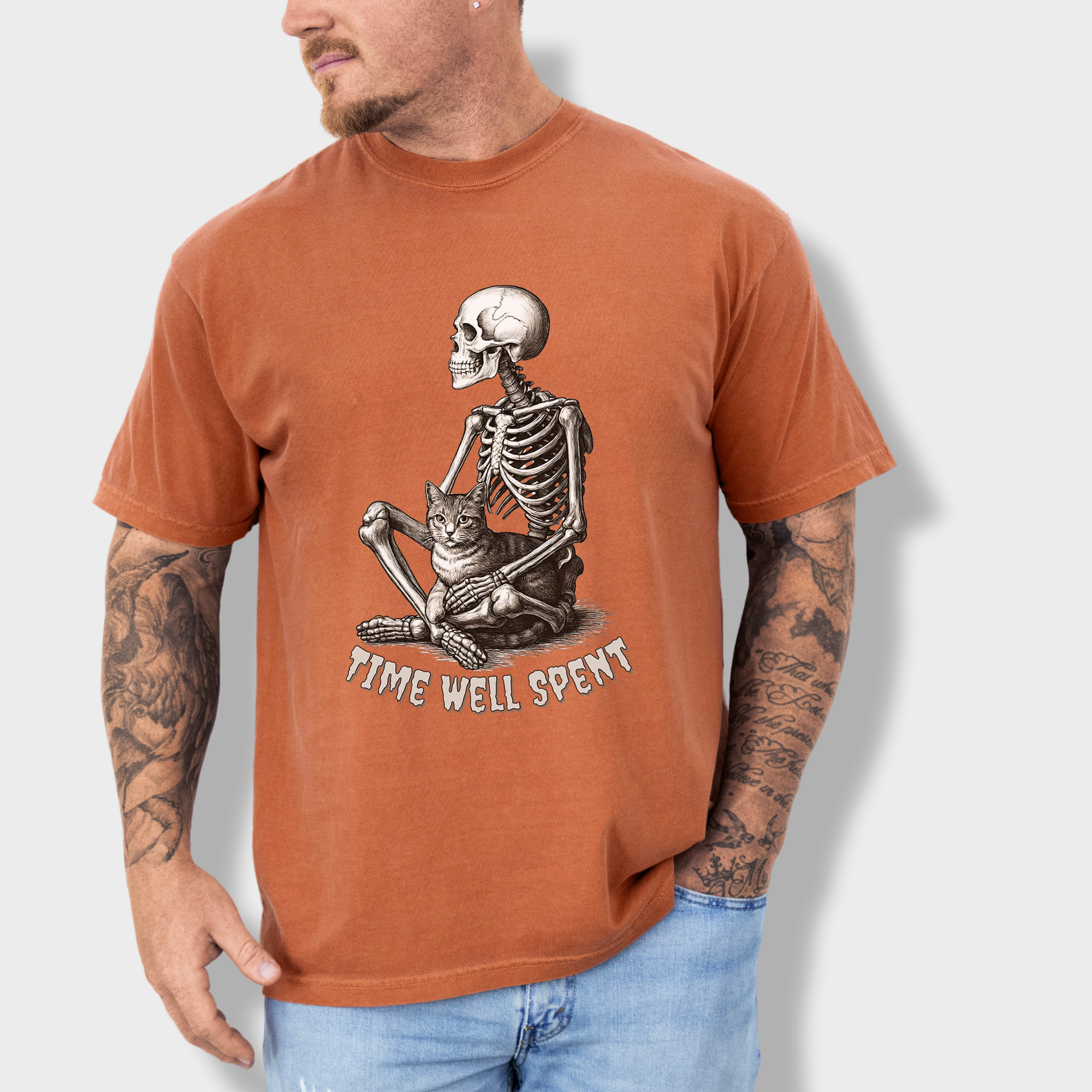 Line Art Sit Still Skeleton Petting Cat Cat Skeleton Comfort Colors T-Shirt in Yam-T-Shirt-Yam-Fetch N Found