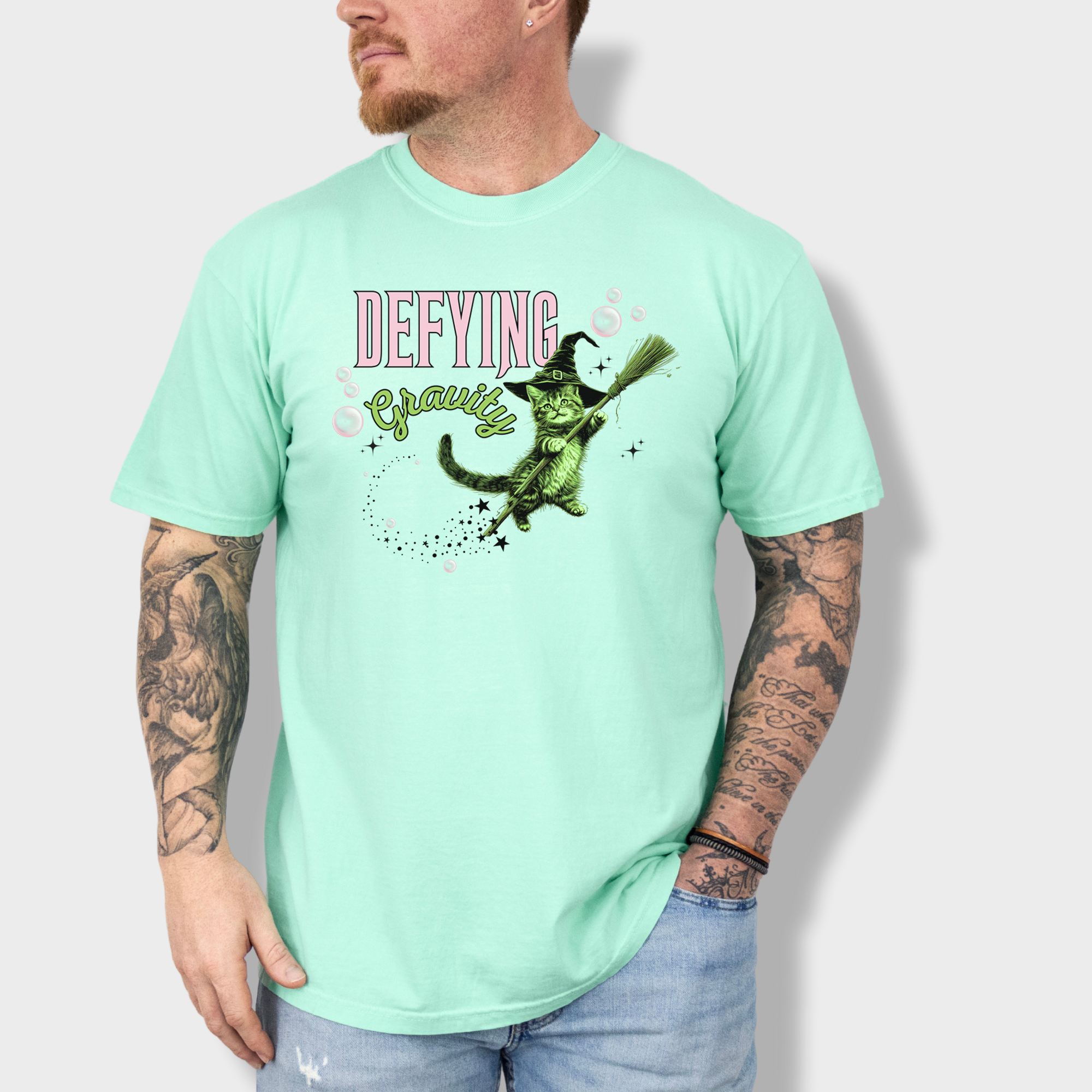 Retro Cute Cat Graphic Defying Gravity Wicked-Inspired T-Shirt in Island Reef-T-Shirt-Island Reef-Fetch N Found