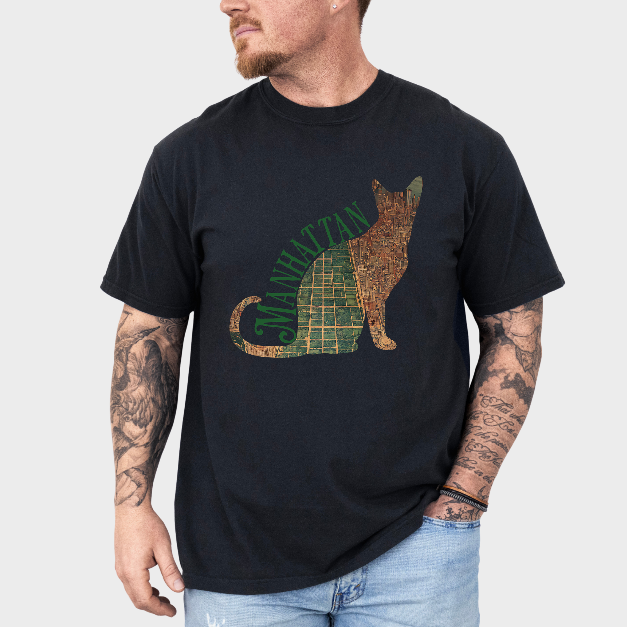 Soft cotton tee featuring a stylish fusion of NYC cartography and cat-inspired design, blending urban and feline aesthetics.