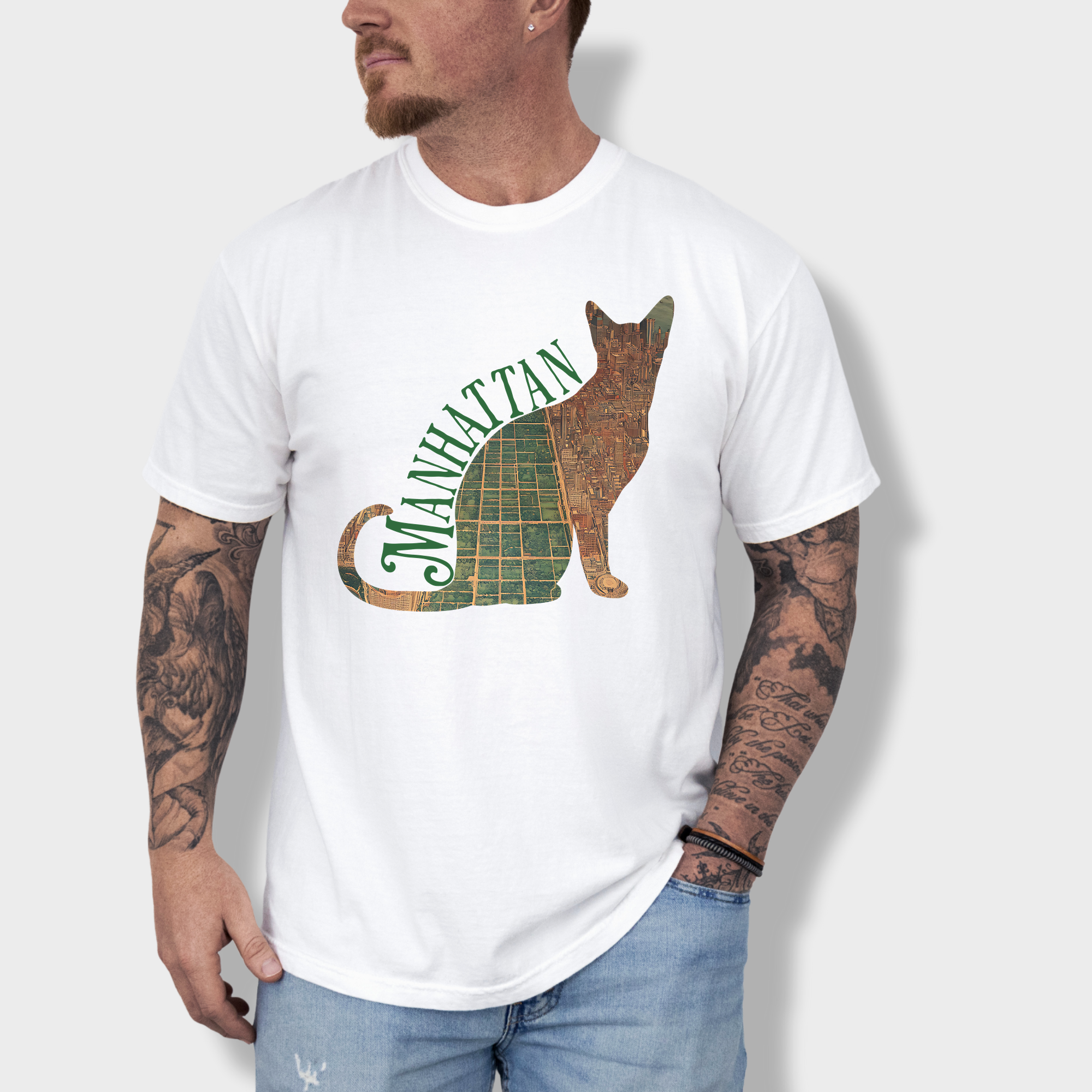 Soft cotton tee featuring a stylish fusion of NYC cartography and cat-inspired design, blending urban and feline aesthetics.