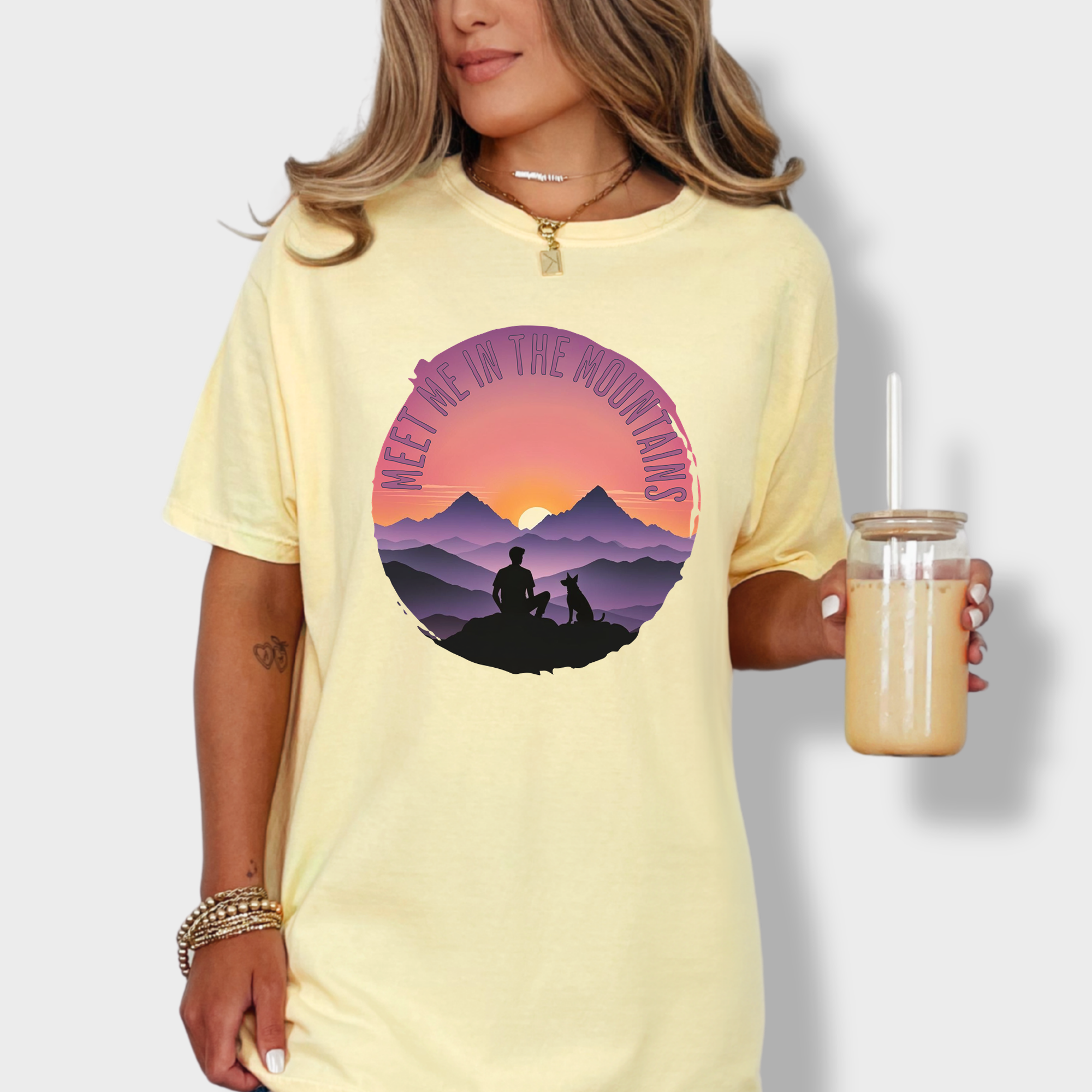 Retro Meet Me In The Mountains Dog Graphic Comfort Colors T-Shirt in Butter-Fetch N Found