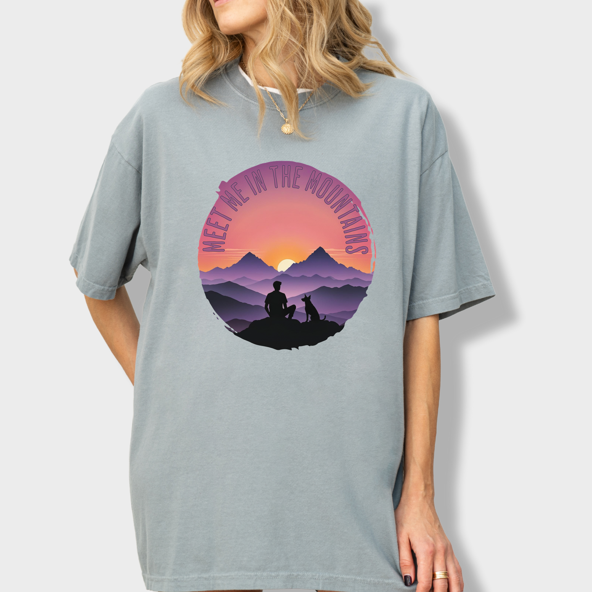 Retro Meet Me In The Mountains Dog Graphic Comfort Colors T-Shirt in Granite-Fetch N Found
