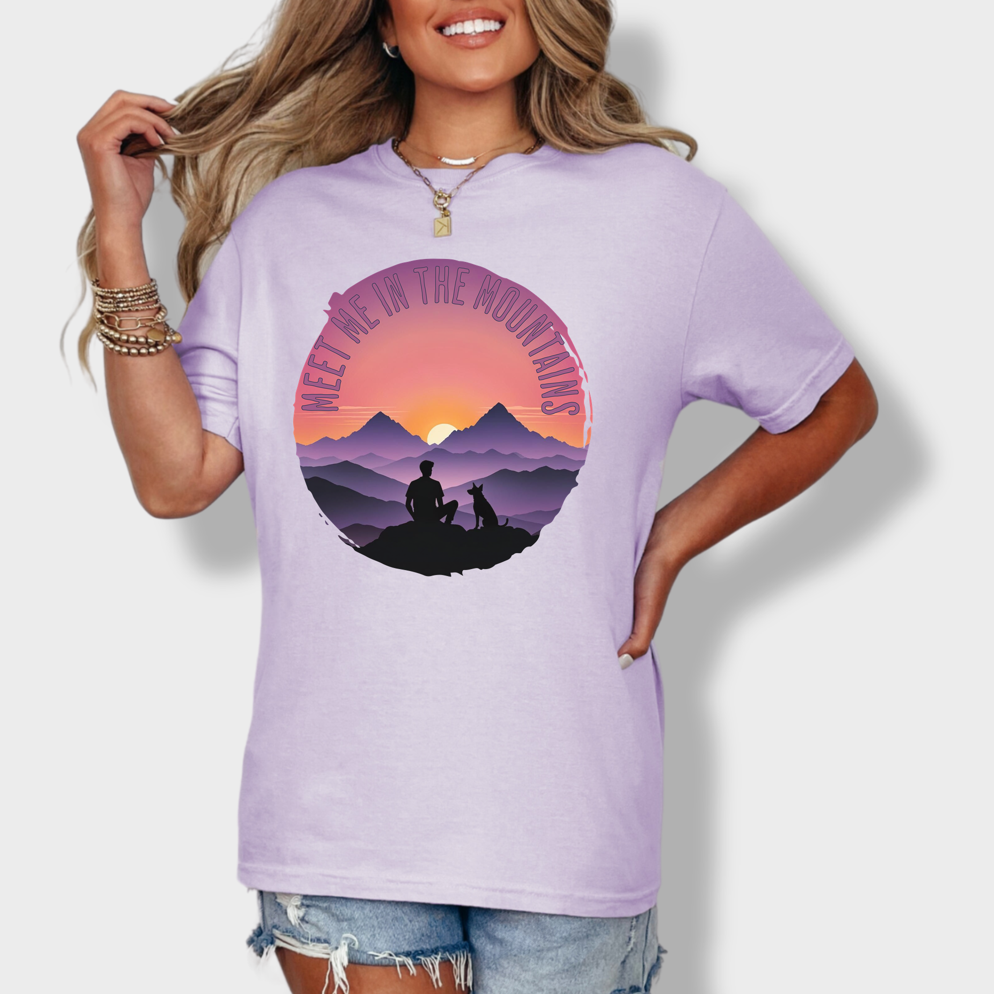Retro Meet Me In The Mountains Dog Graphic Comfort Colors T-Shirt in Orchid-Fetch N Found