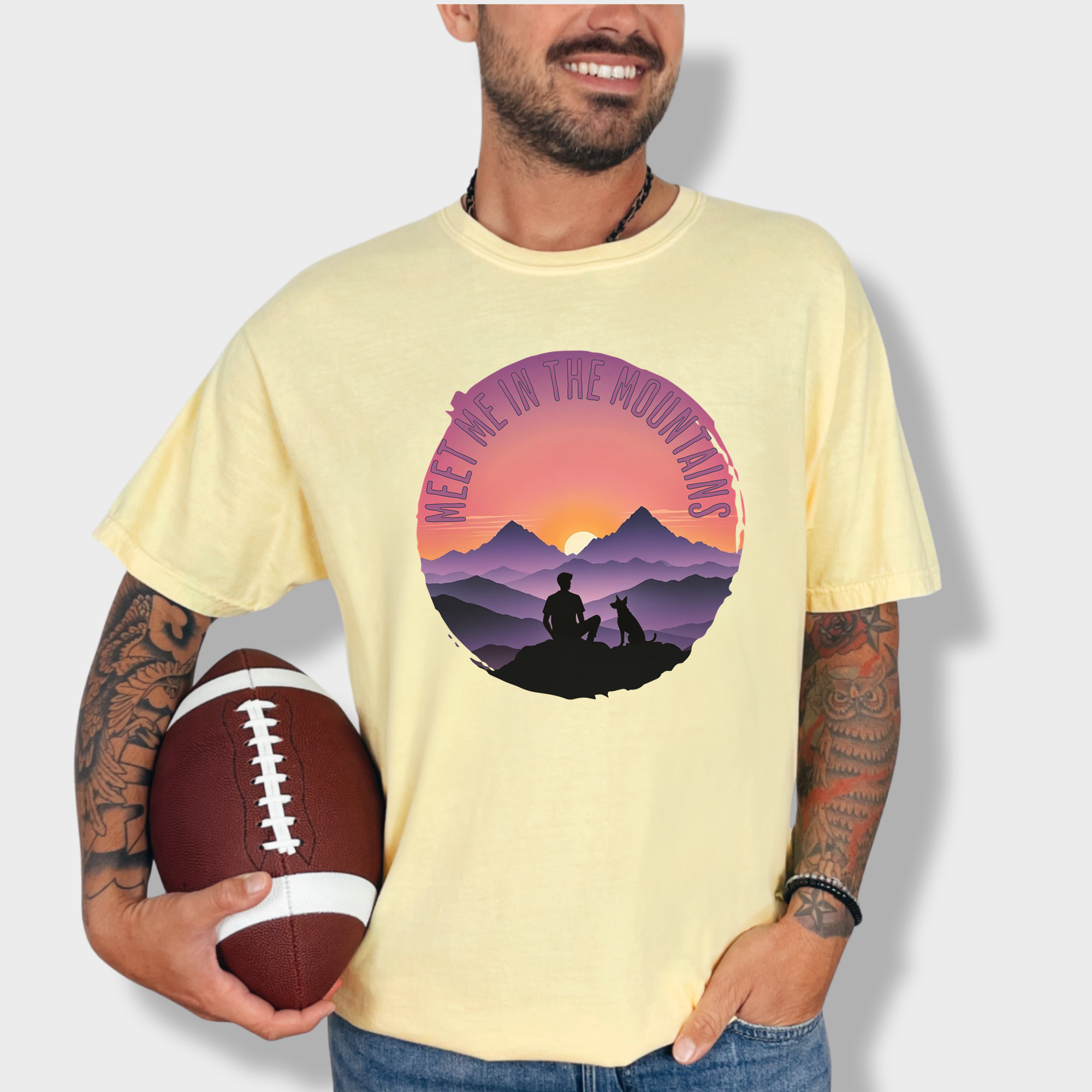 Retro Meet Me In The Mountains Dog Graphic Comfort Colors T-Shirt in Butter-Fetch N Found