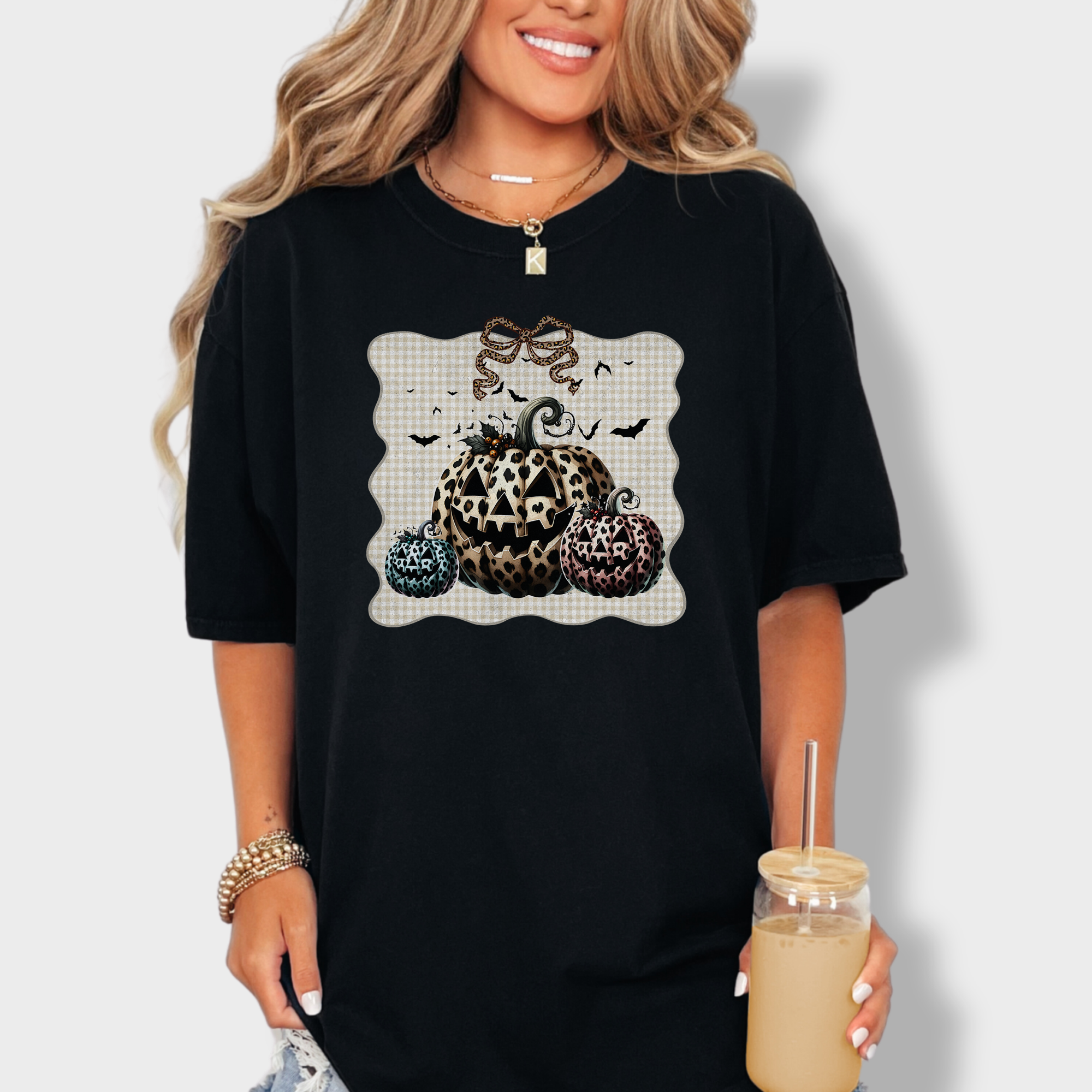 Western Preppy Leopard Print Jack-O-Lanterns Cat Bow Comfort Colors T-Shirt in Black