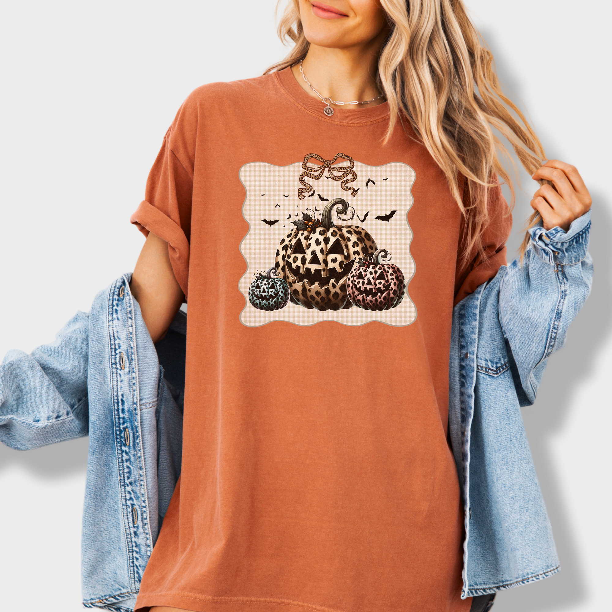 Western Preppy Leopard Print Jack-O-Lanterns Cat Bow Comfort Colors T-Shirt in Yam