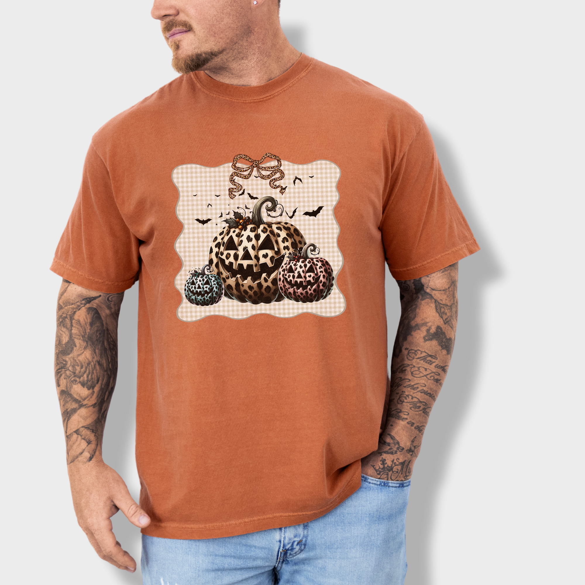 Western Preppy Leopard Print Jack-O-Lanterns Cat Bow Comfort Colors T-Shirt in Yam