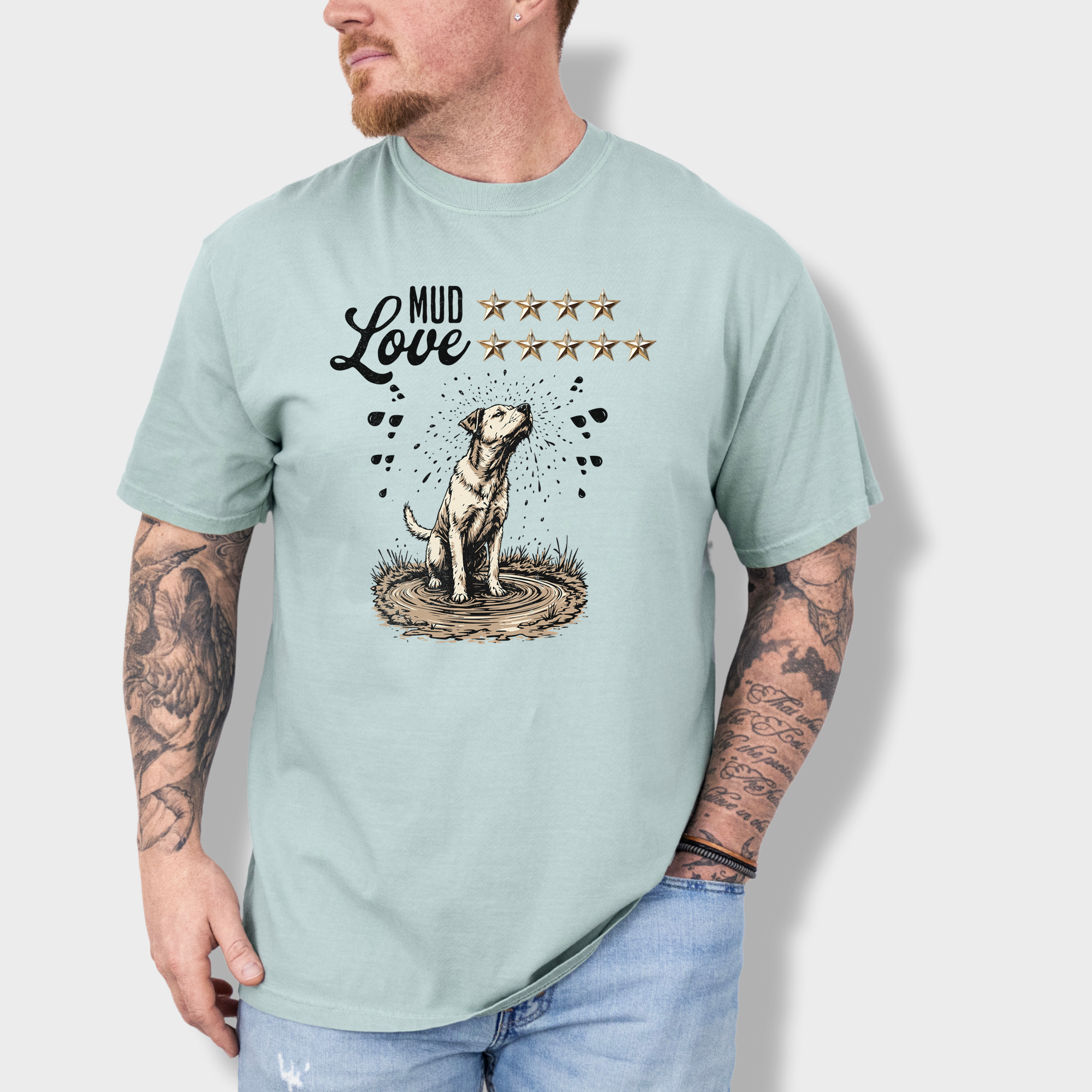 Adorable Labrador retriever T-shirt showing a muddy dog shaking off, paired with a witty star rating design.