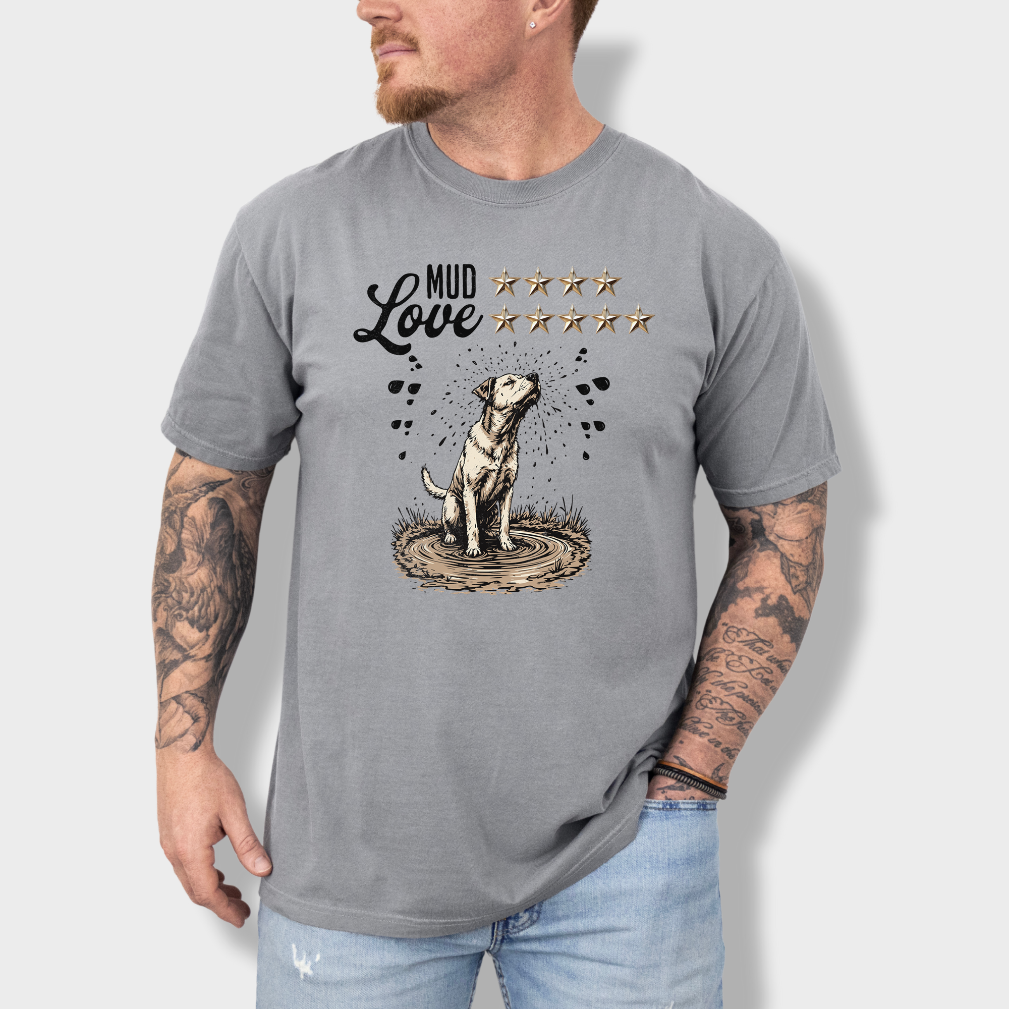 Adorable Labrador retriever T-shirt showing a muddy dog shaking off, paired with a witty star rating design.