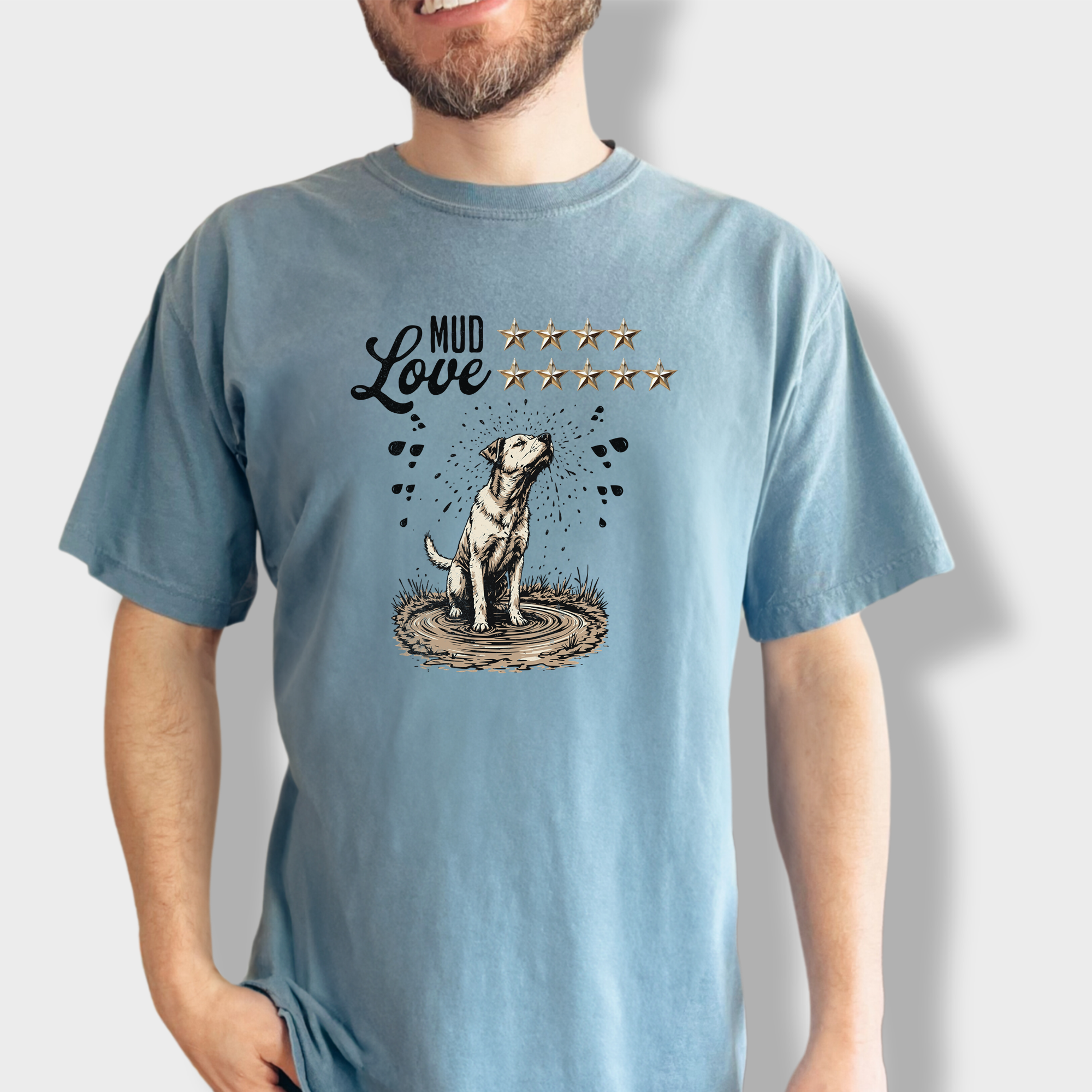Adorable Labrador retriever T-shirt showing a muddy dog shaking off, paired with a witty star rating design.