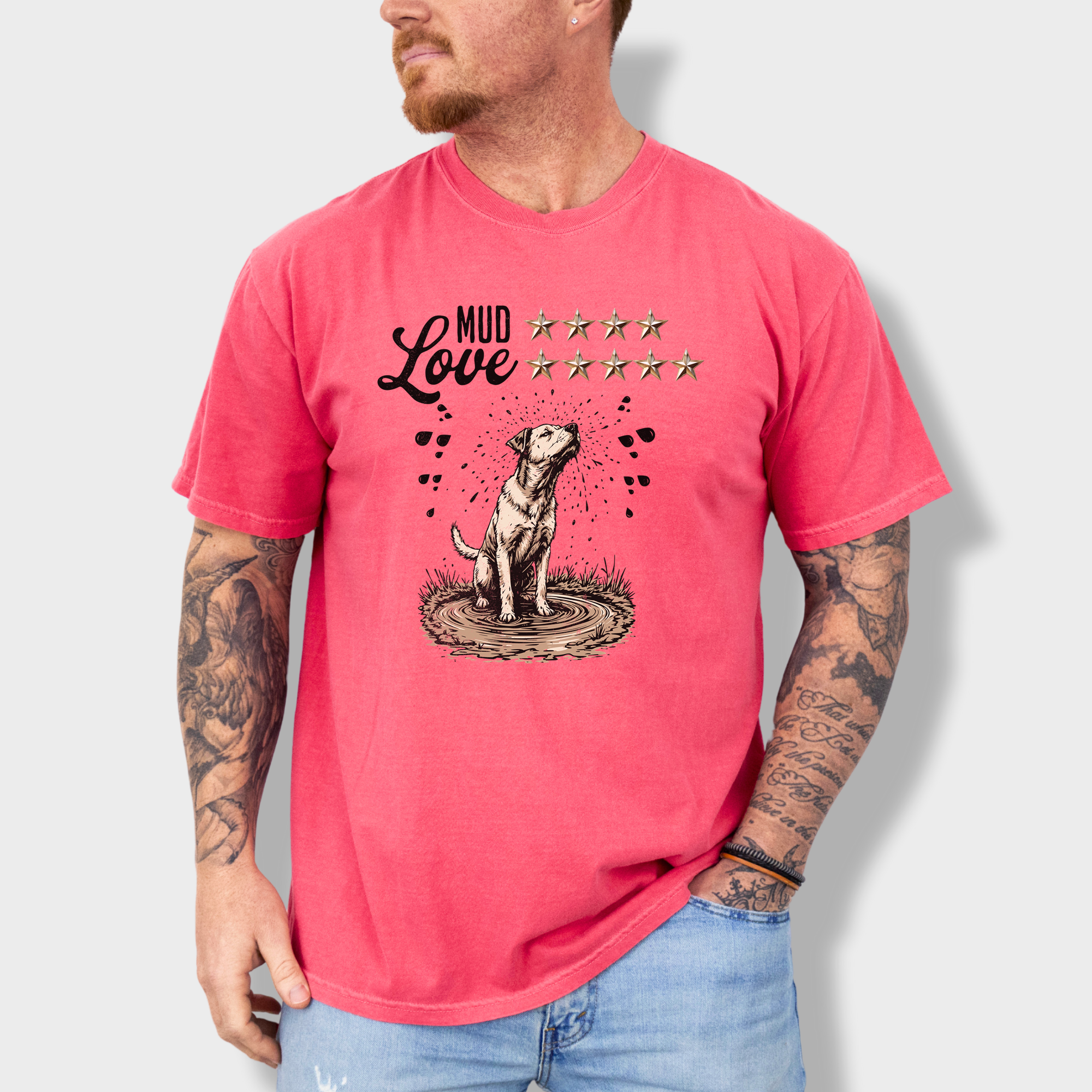 Adorable Labrador retriever T-shirt showing a muddy dog shaking off, paired with a witty star rating design.