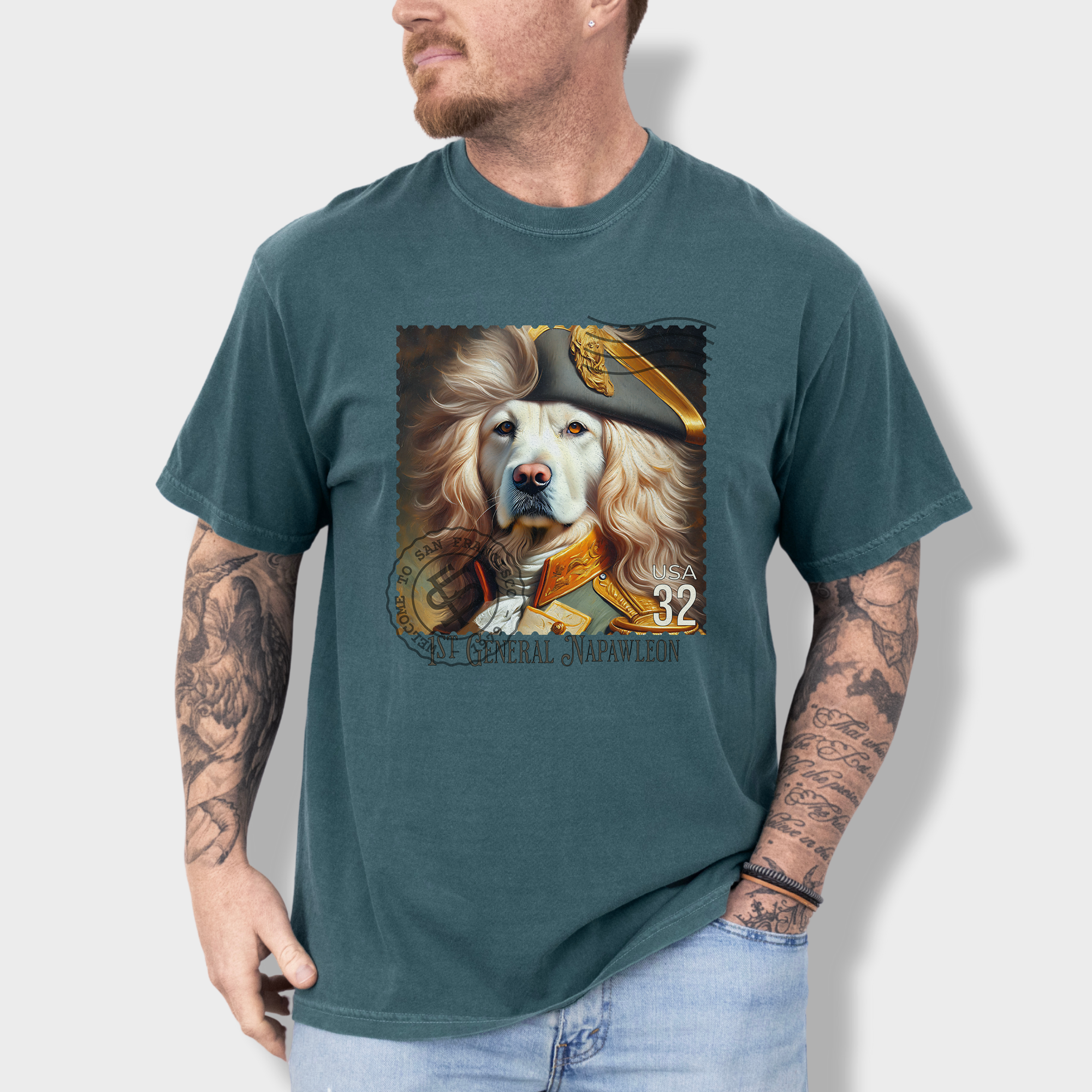 Custom Dog Graphic T-Shirt in Blue Spruce Featuring Unique Labrador Vintage Stamp Design