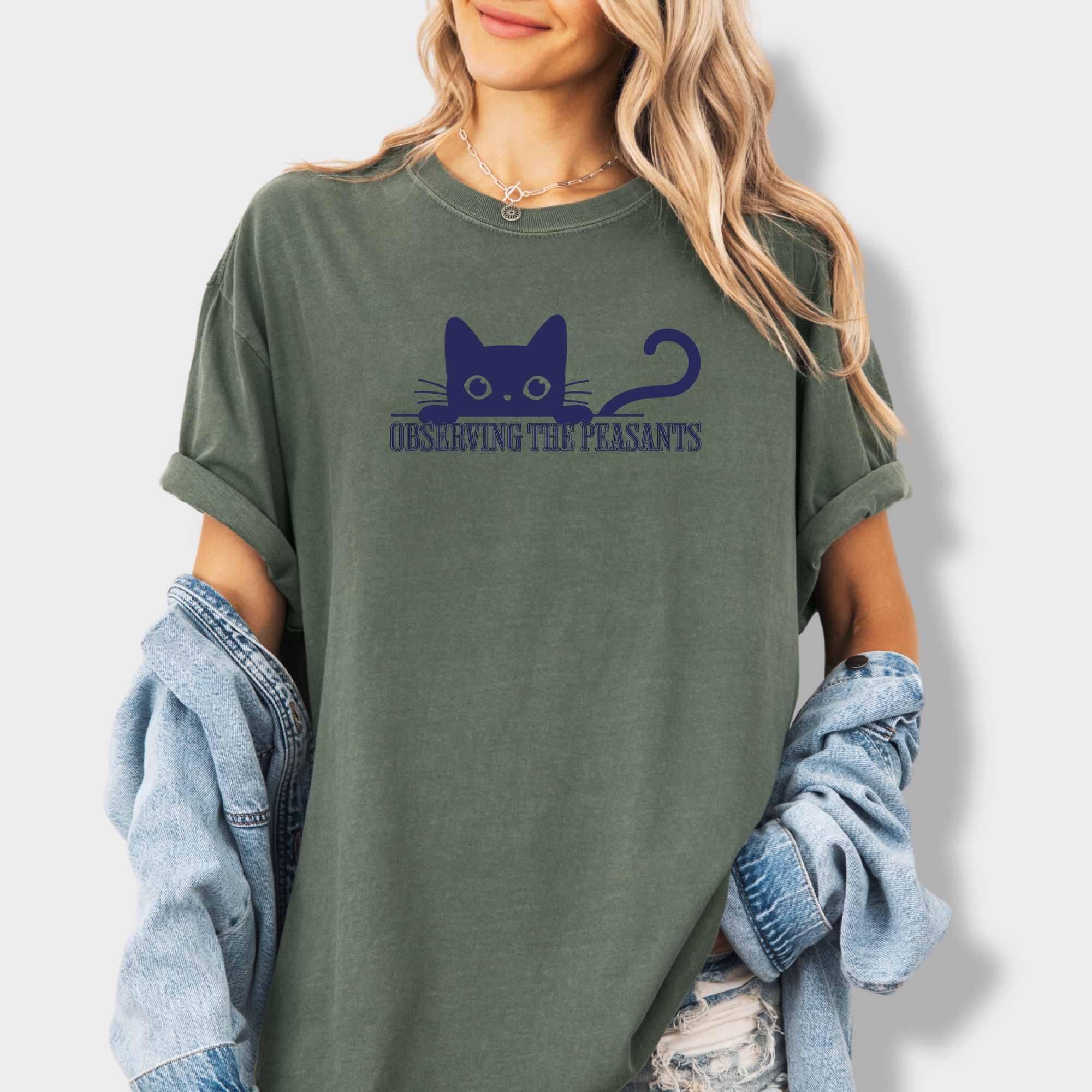 Minimalist Observing the Peasants Cat Graphic Comfort Colors T-Shirt in Moss-T-Shirt-Moss-Fetch N Found