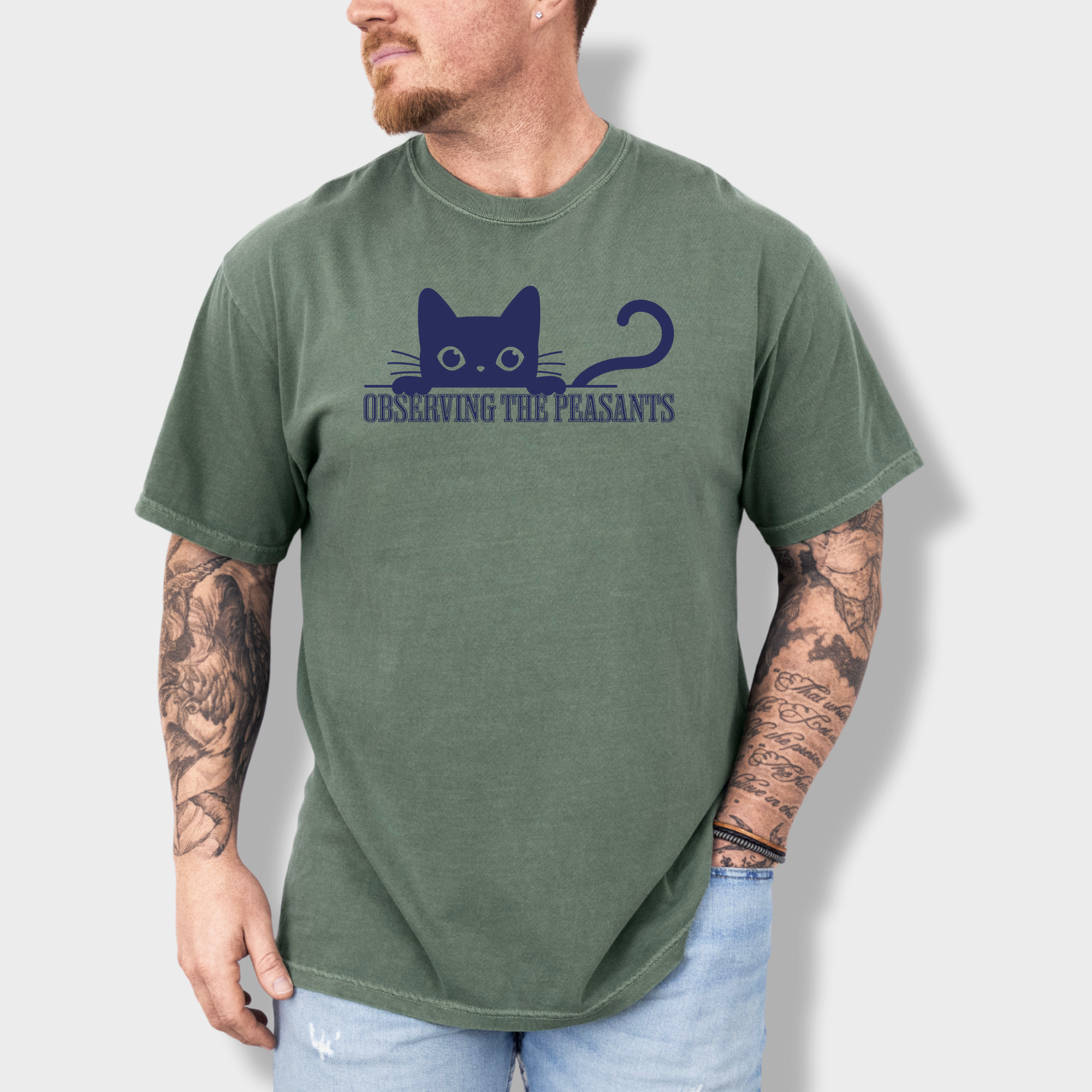 Minimalist Observing the Peasants Cat Graphic Comfort Colors T-Shirt in Moss-T-Shirt-Moss-Fetch N Found