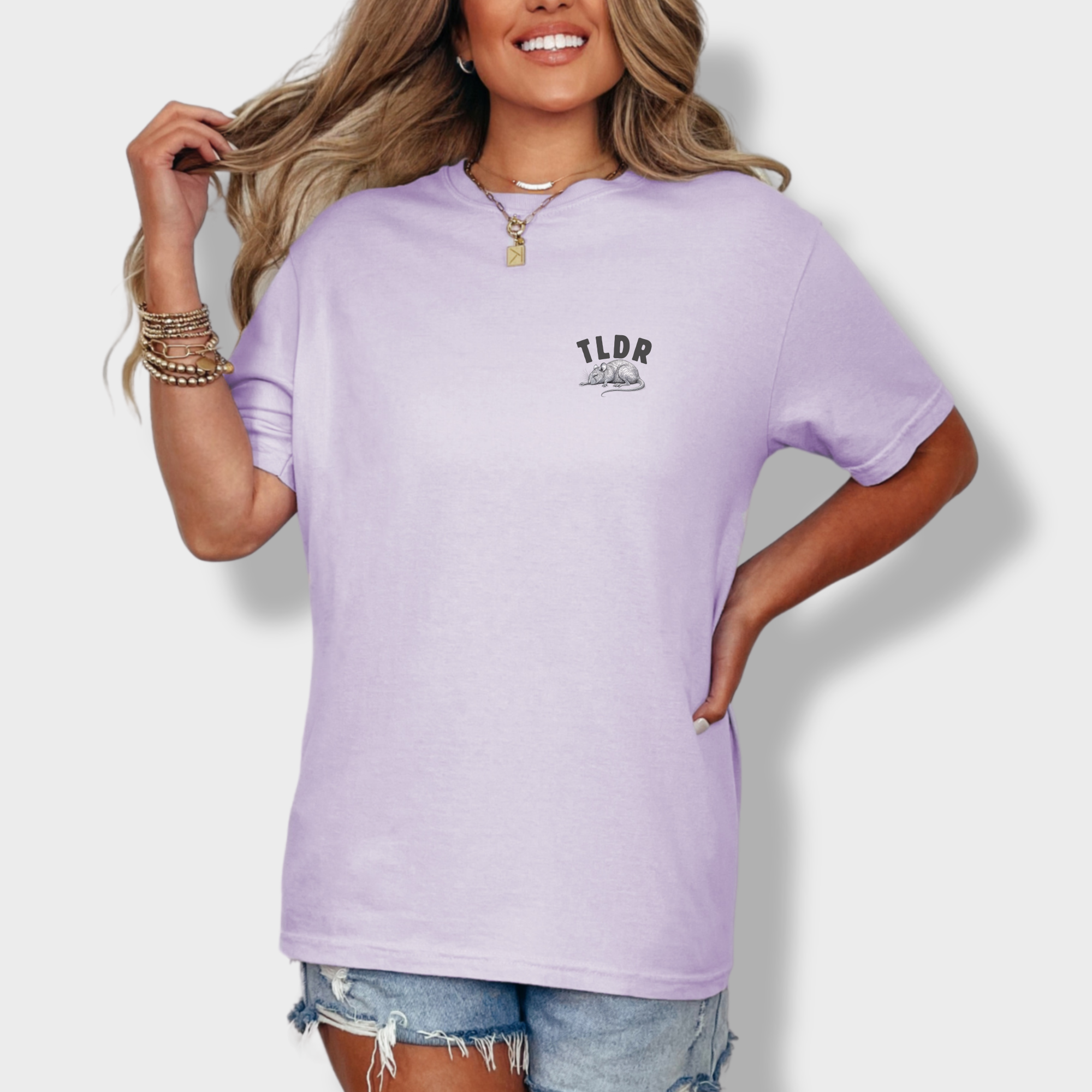 Line Art Too Long Didnt Read TLDR Cat plus Mouse Cat Graphic Comfort Colors T-Shirt in Orchid-T-Shirt-Fetch N Found