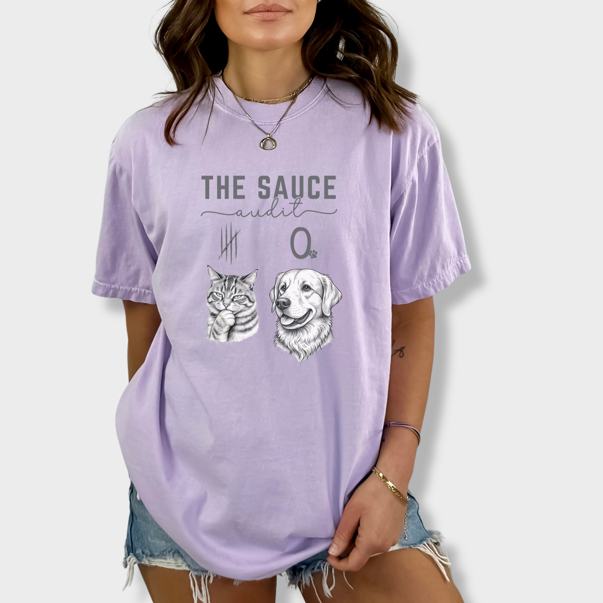 Line Art Who Gives the Sauce Cat v Dog Sauce Audit Cat Graphic Comfort Colors T-Shirt in Orchid-T-Shirt-Fetch N Found