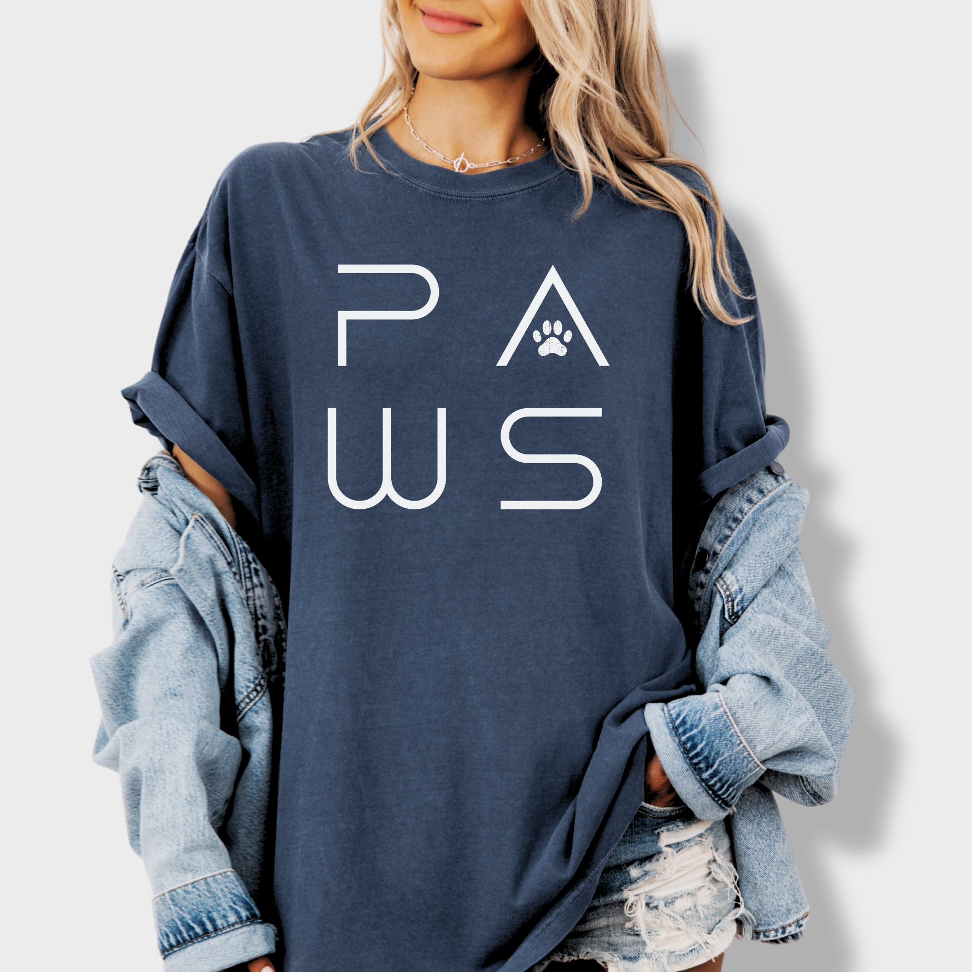 Minimalist PAWS Modern Text Design Pet Text Comfort Colors T-Shirt in Denim-Fetch N Found