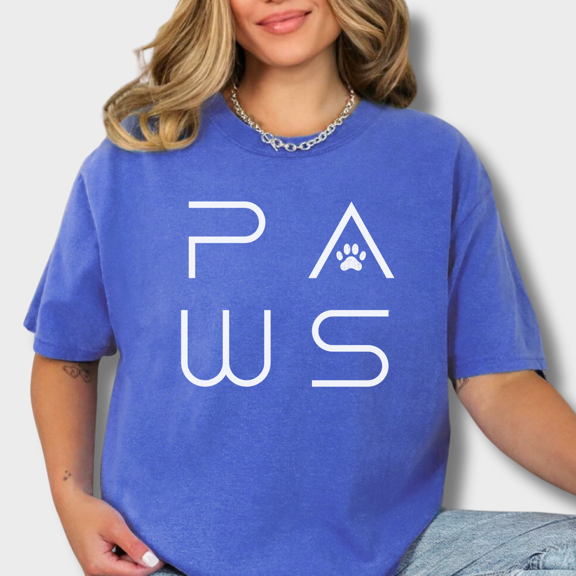 Minimalist PAWS Modern Text Design Pet Text Comfort Colors T-Shirt in Flo Blue-Fetch N Found